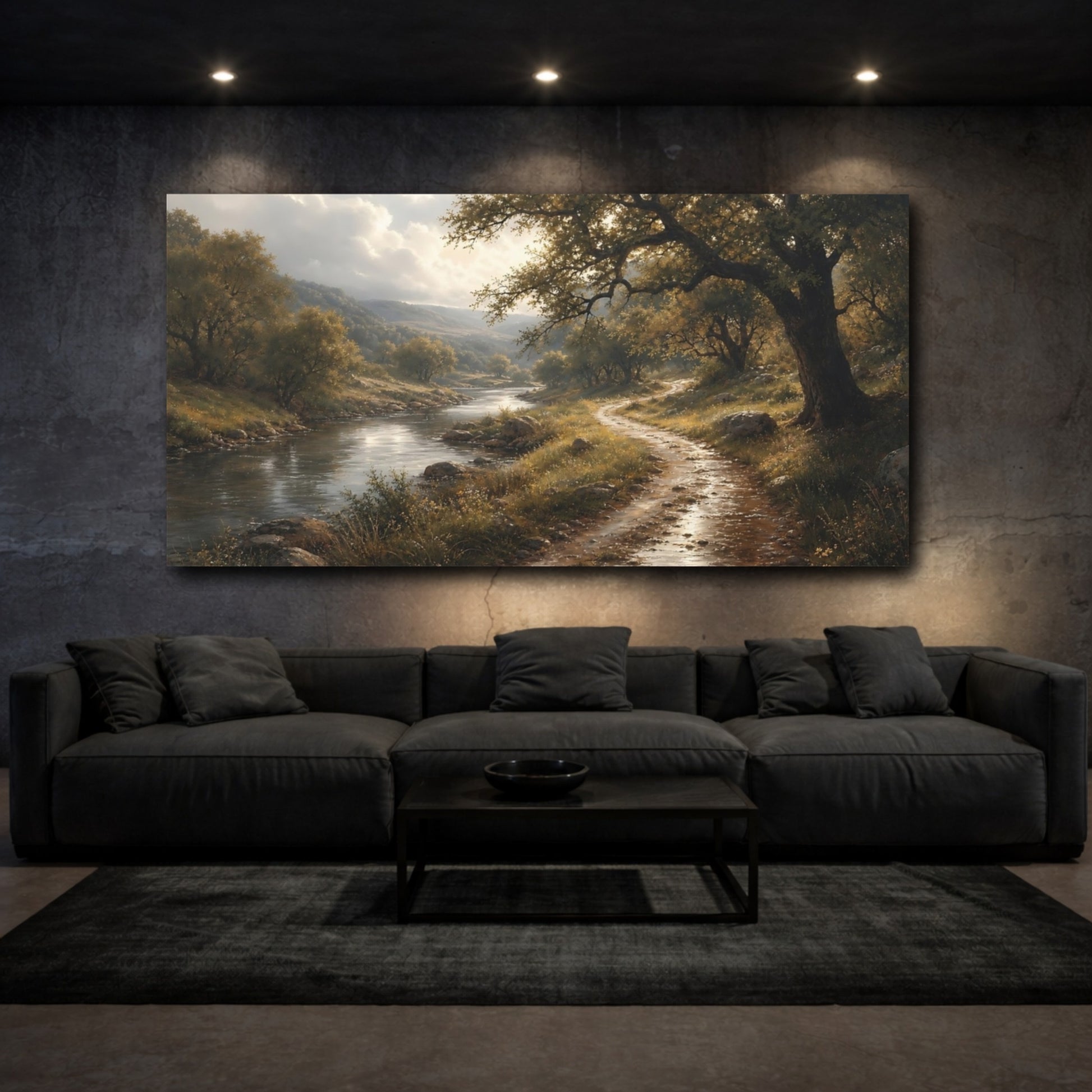 Mockup 3. Sunlit Riverside Path shown as canvas print