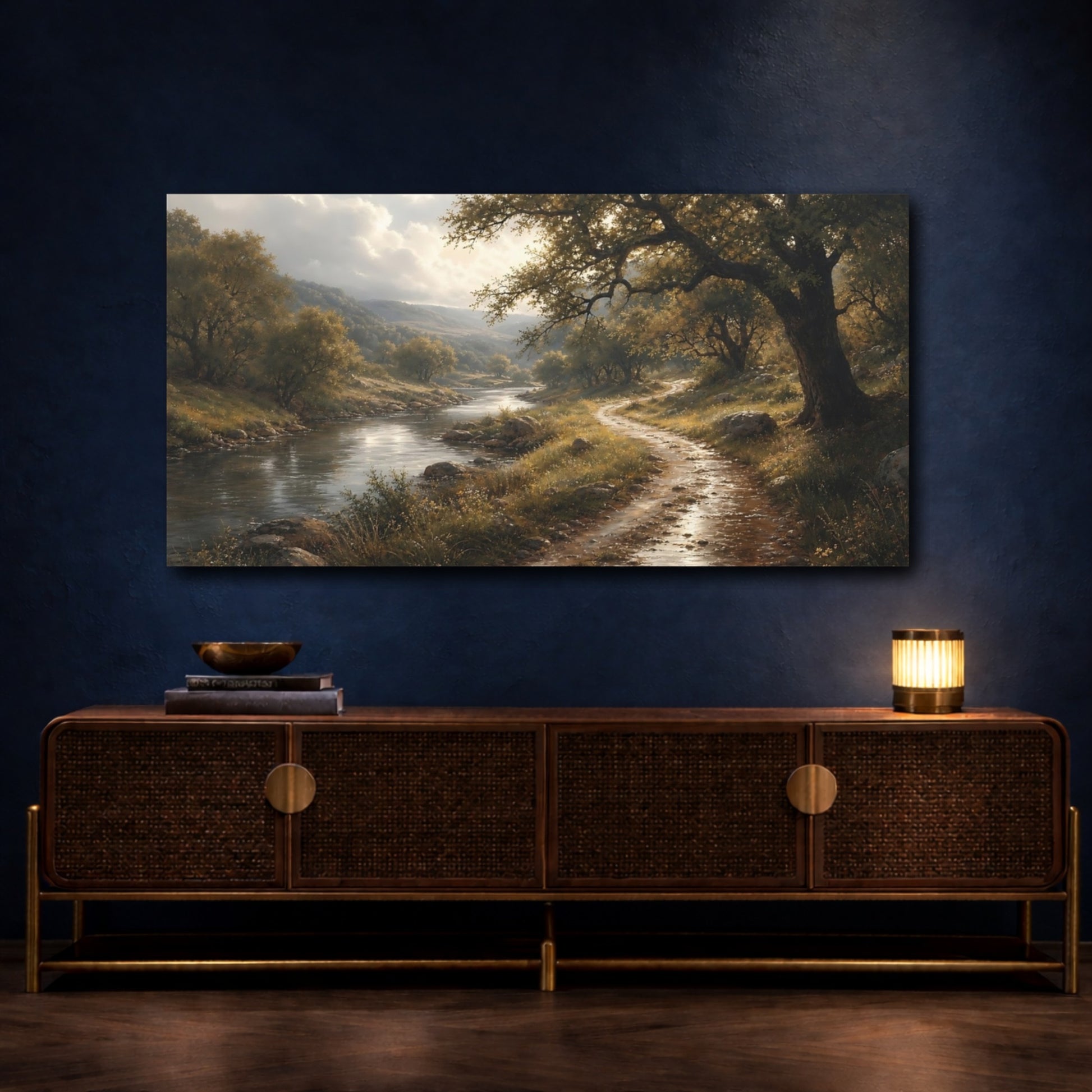 Mockup 4. Sunlit Riverside Path shown as canvas print