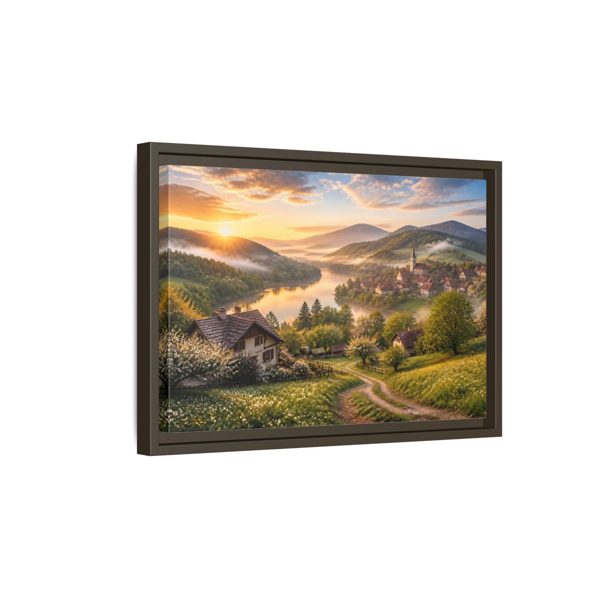 Side Mockup 5. Sunlit Riverside Village At Dawn shown as framed canvas print