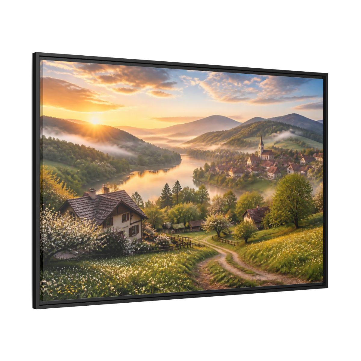 Side Mockup 12. Sunlit Riverside Village At Dawn shown as framed canvas print