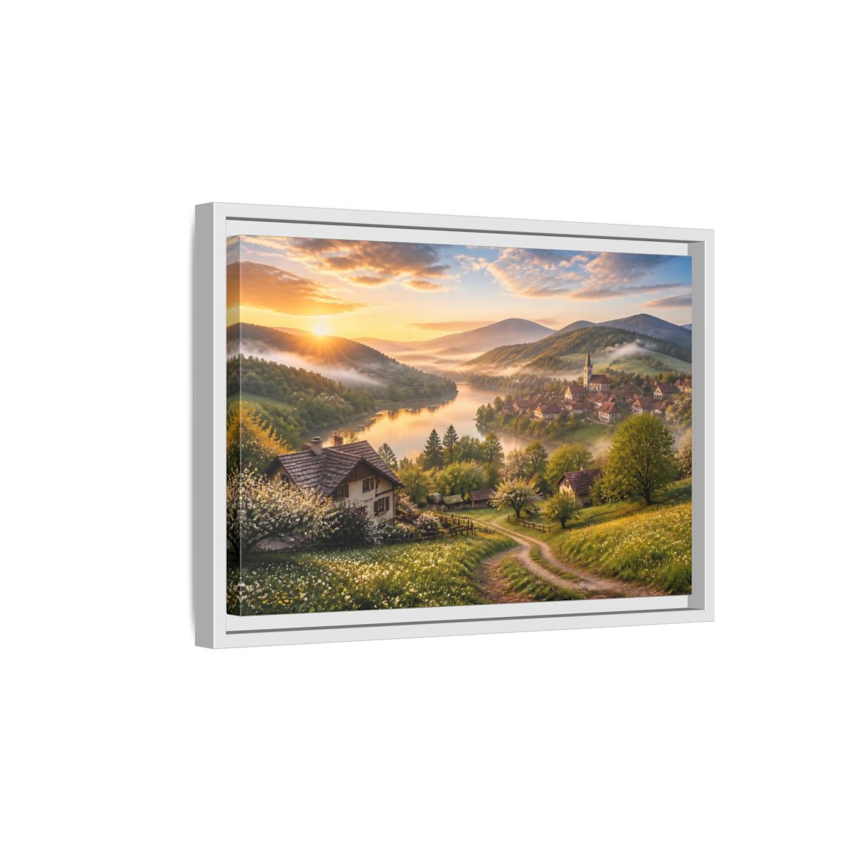 Side Mockup 4. Sunlit Riverside Village At Dawn shown as framed canvas print