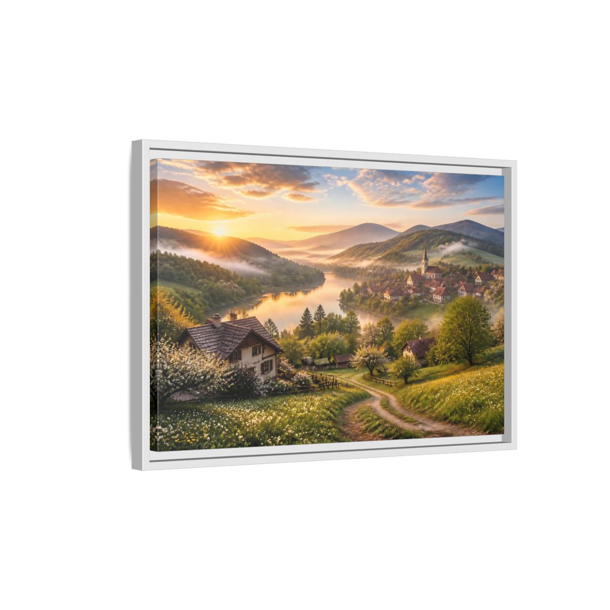 Side Mockup 1. Sunlit Riverside Village At Dawn shown as framed canvas print