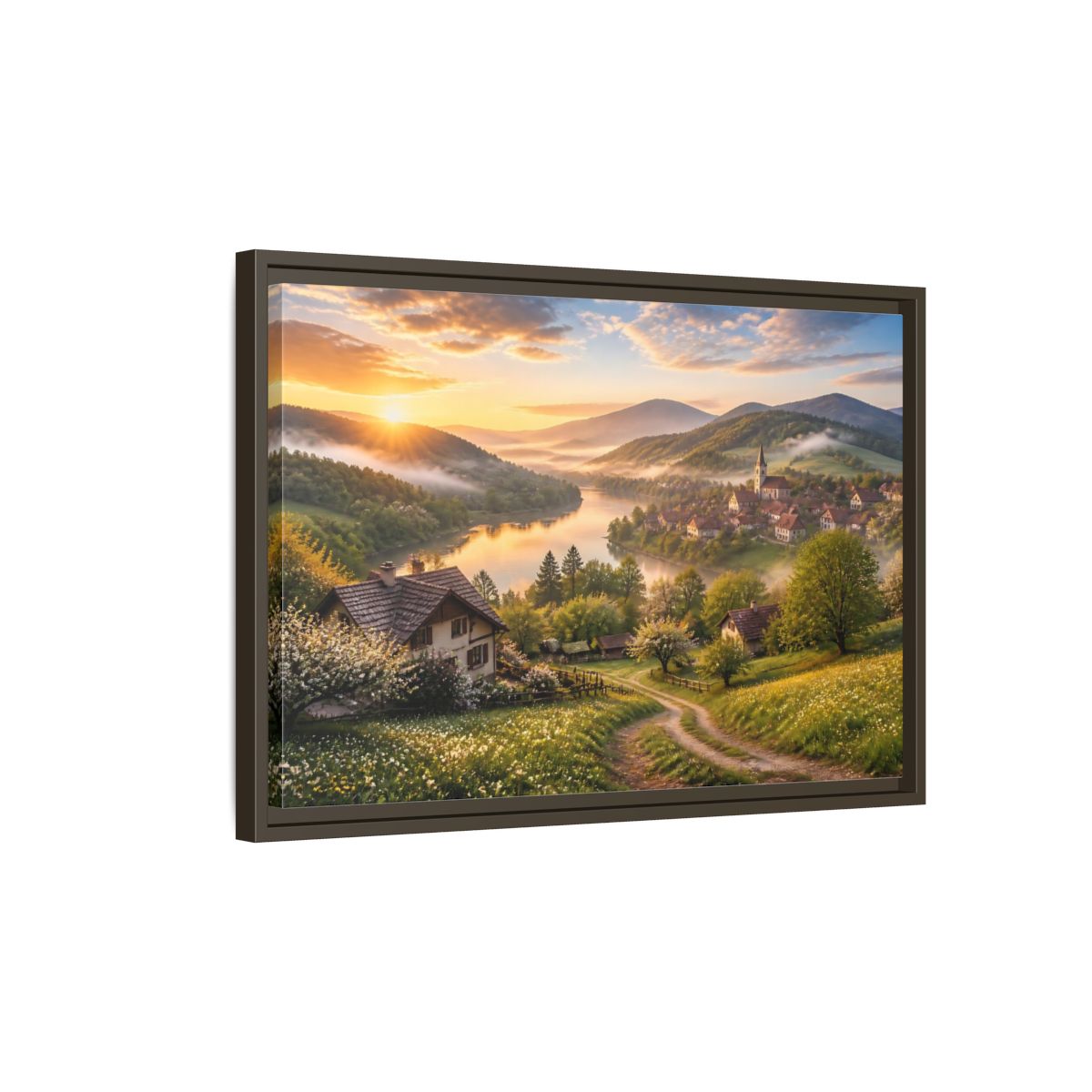Side Mockup 2. Sunlit Riverside Village At Dawn shown as framed canvas print
