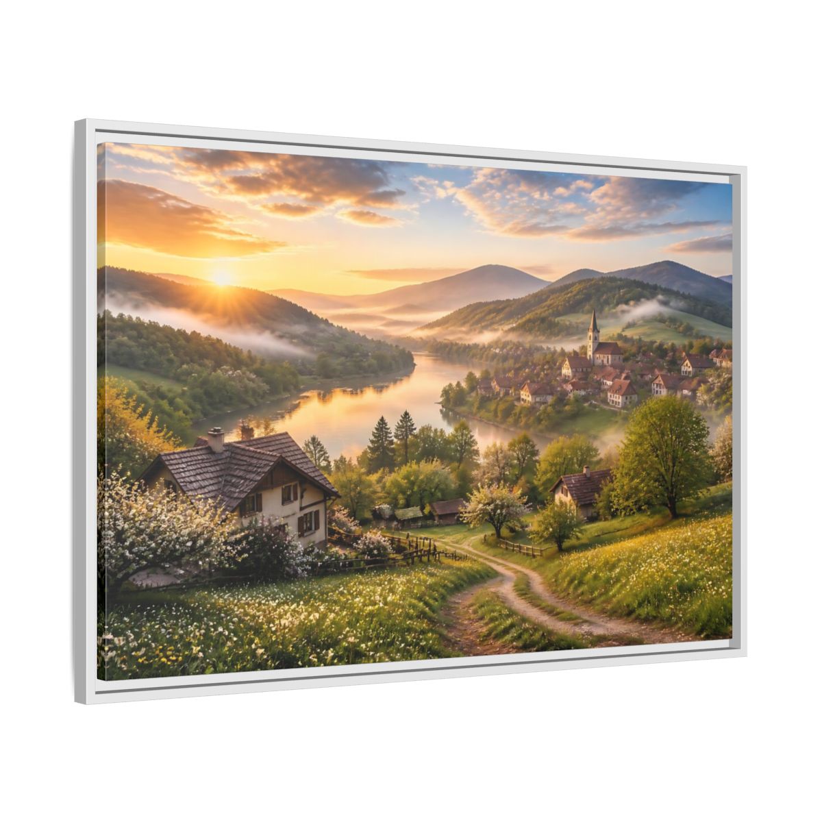 Side Mockup 9. Sunlit Riverside Village At Dawn shown as framed canvas print