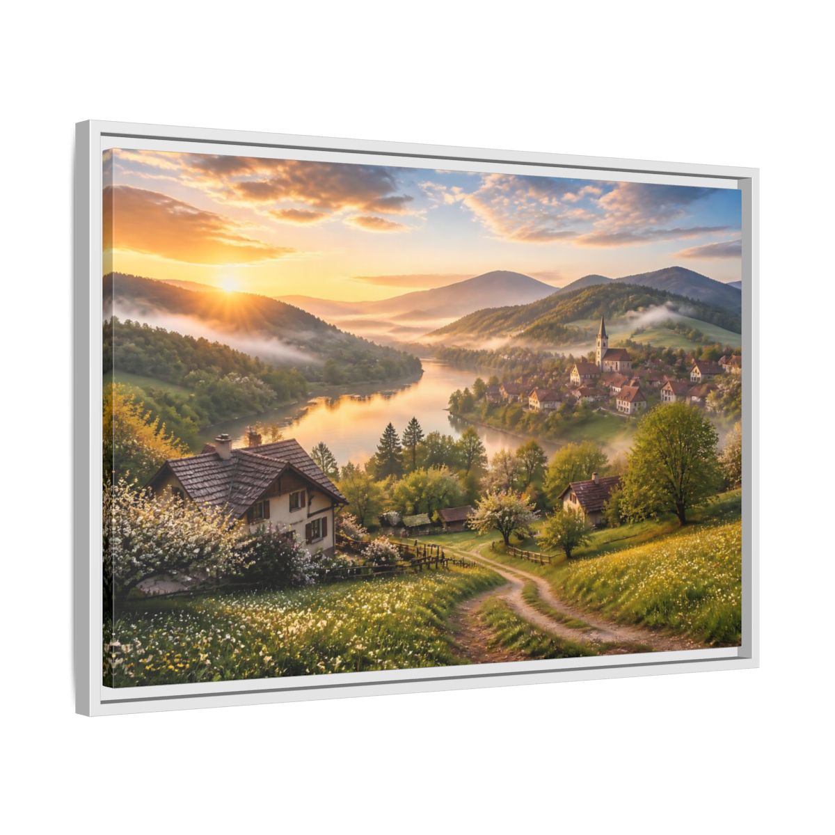 Side Mockup 10. Sunlit Riverside Village At Dawn shown as framed canvas print