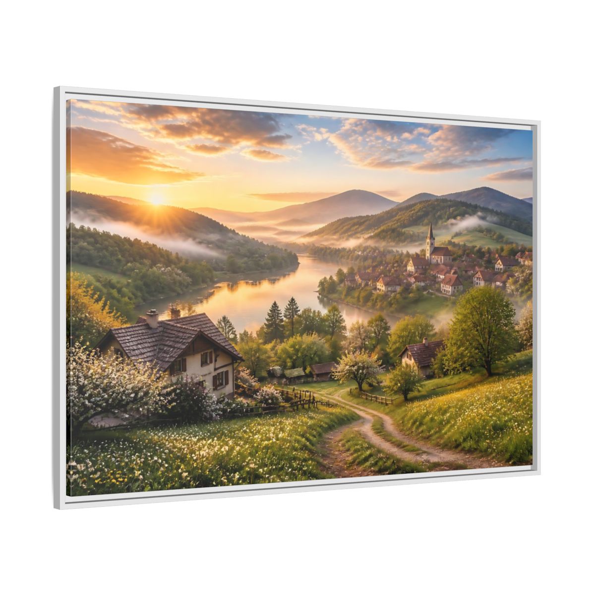 Side Mockup 7. Sunlit Riverside Village At Dawn shown as framed canvas print
