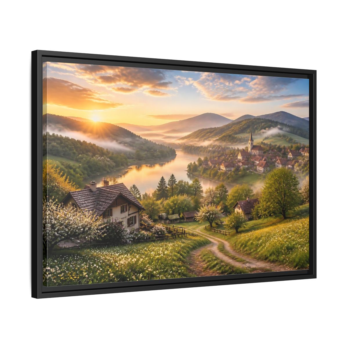 Side Mockup 14. Sunlit Riverside Village At Dawn shown as framed canvas print