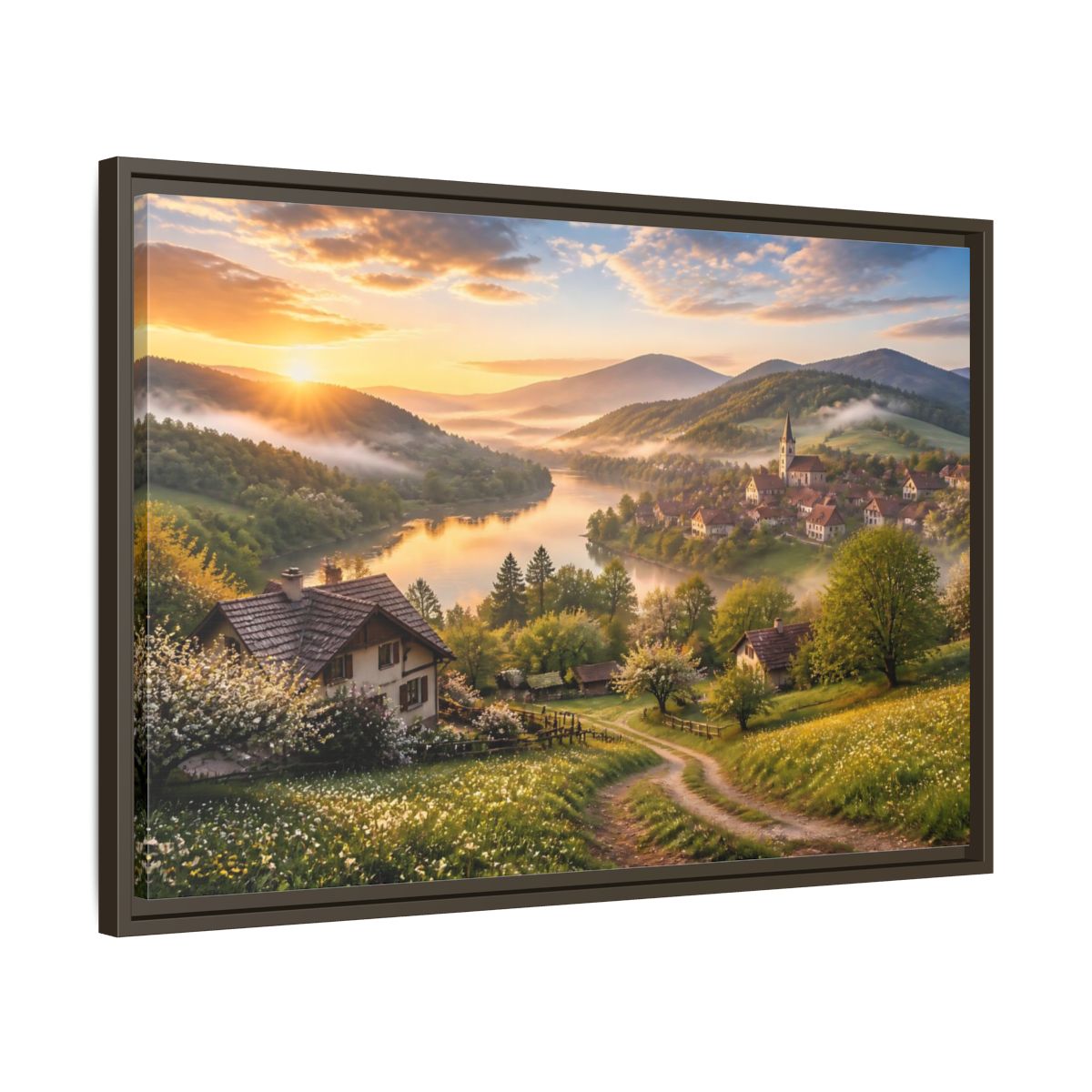 Side Mockup 11. Sunlit Riverside Village At Dawn shown as framed canvas print