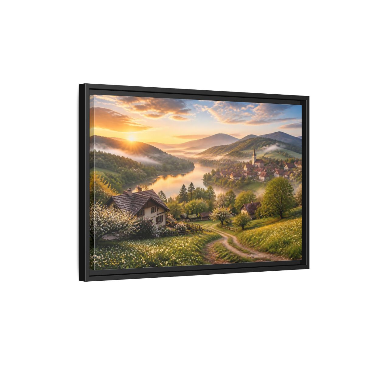 Side Mockup 3. Sunlit Riverside Village At Dawn shown as framed canvas print