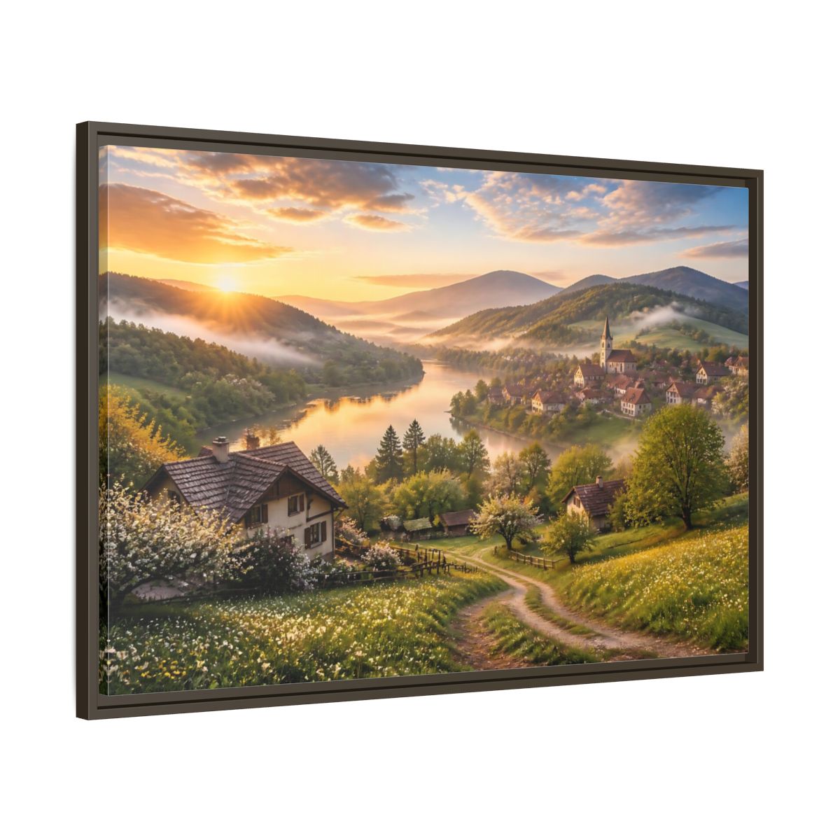 Main Mockup. Sunlit Riverside Village At Dawn shown as framed canvas print