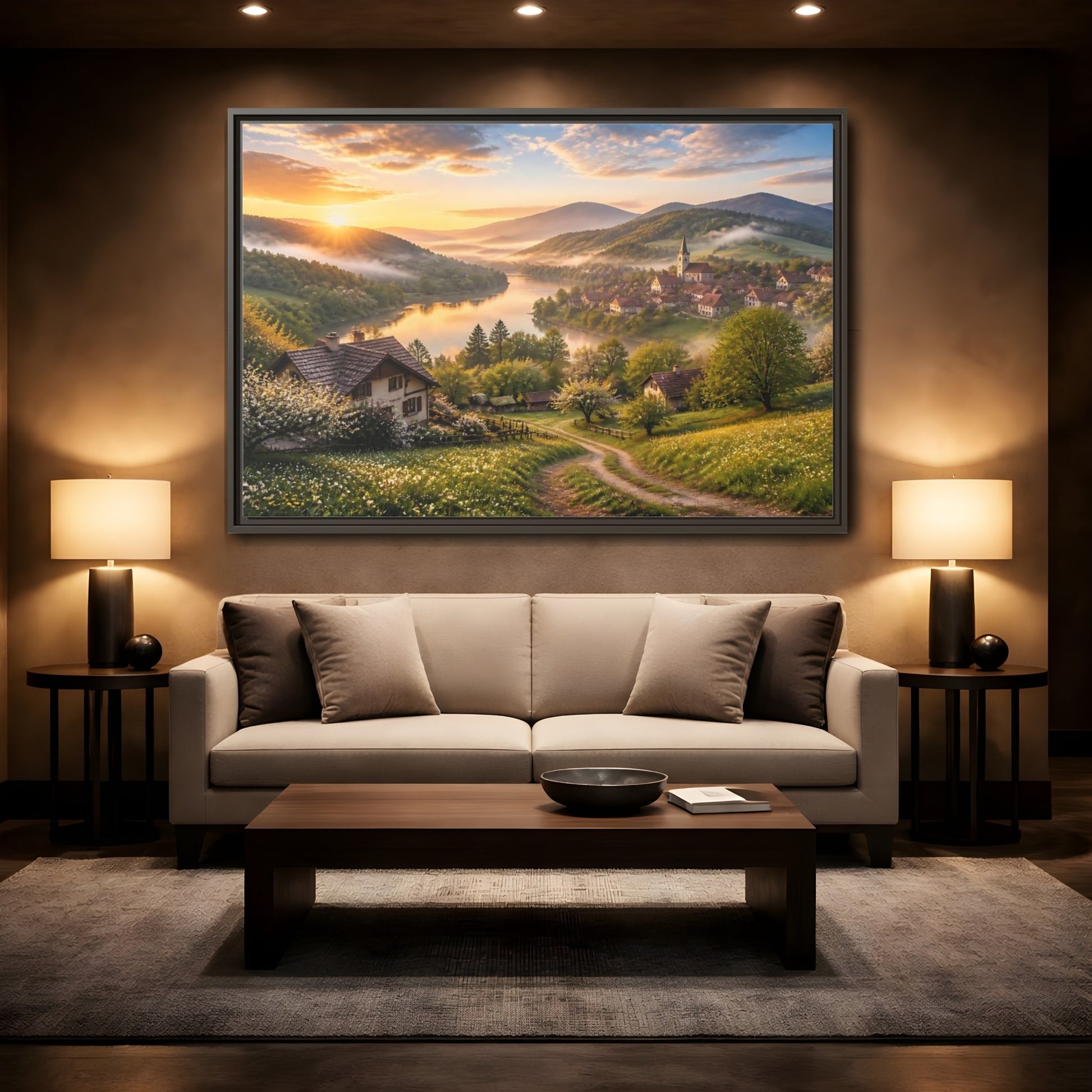 Mockup 2. Sunlit Riverside Village At Dawn shown as framed canvas print