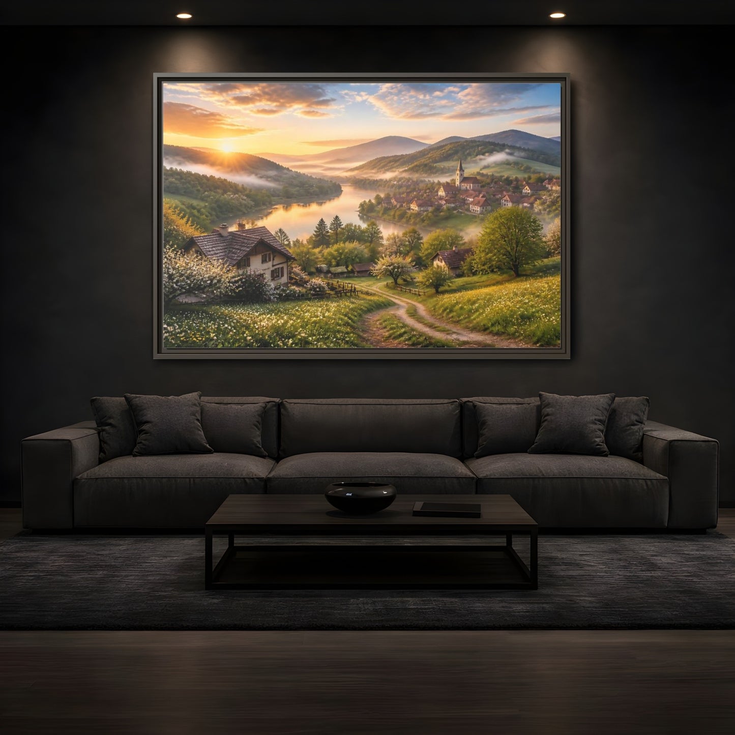 Mockup 3. Sunlit Riverside Village At Dawn shown as framed canvas print