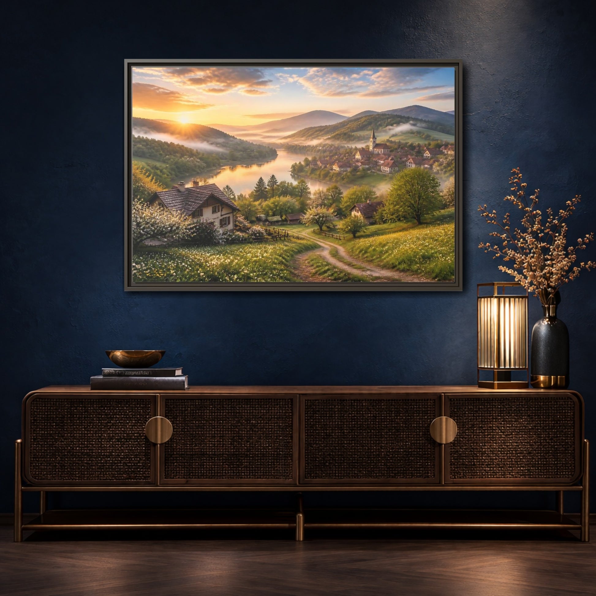 Mockup 4. Sunlit Riverside Village At Dawn shown as framed canvas print