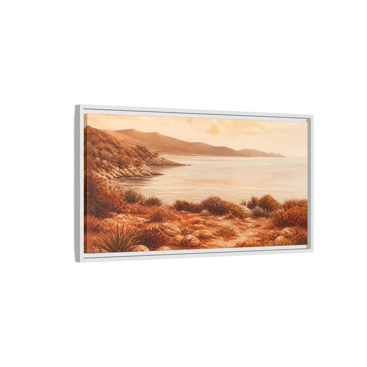 Side Mockup 1. Sunlit Rocky Coastline shown as framed canvas print