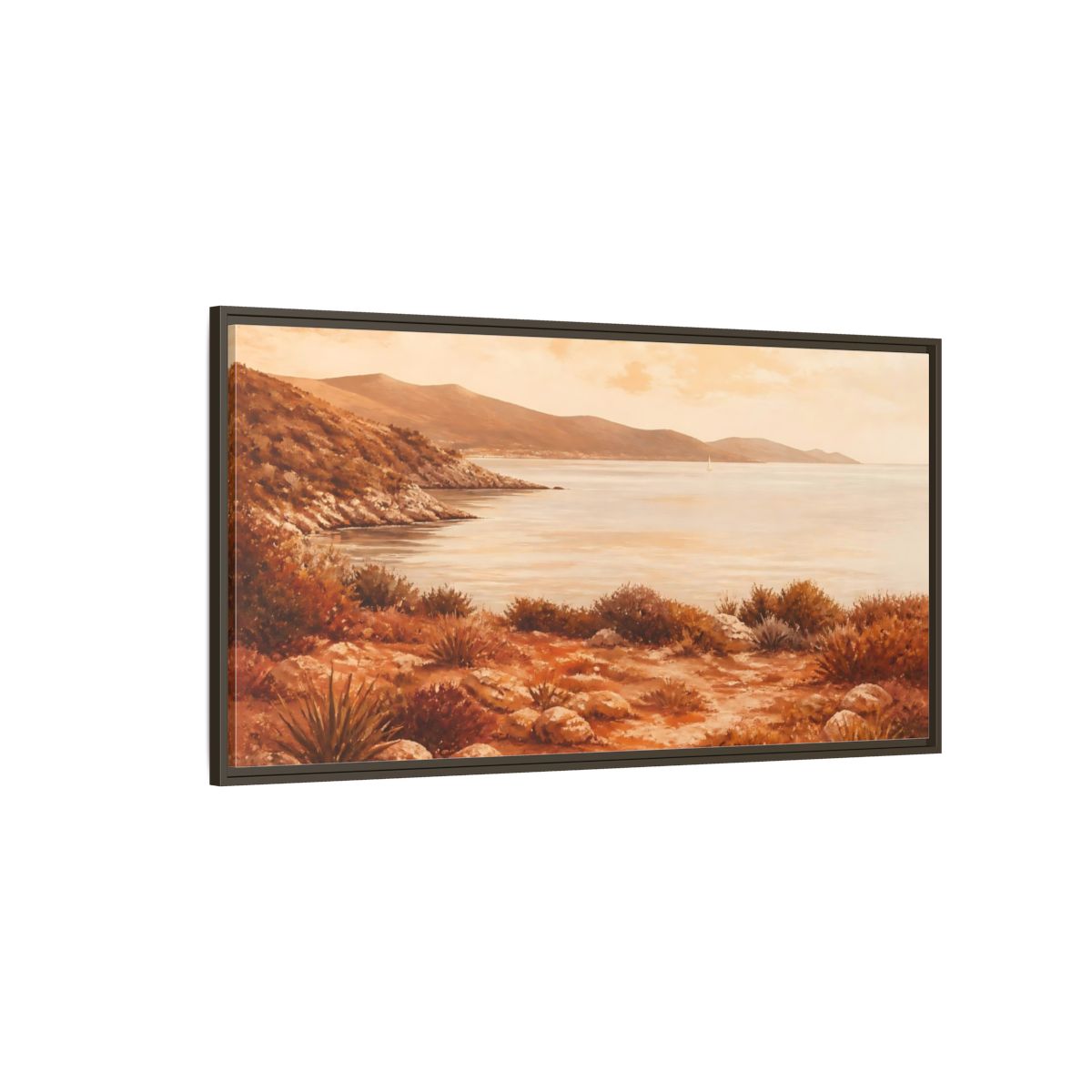Side Mockup 4. Sunlit Rocky Coastline shown as framed canvas print