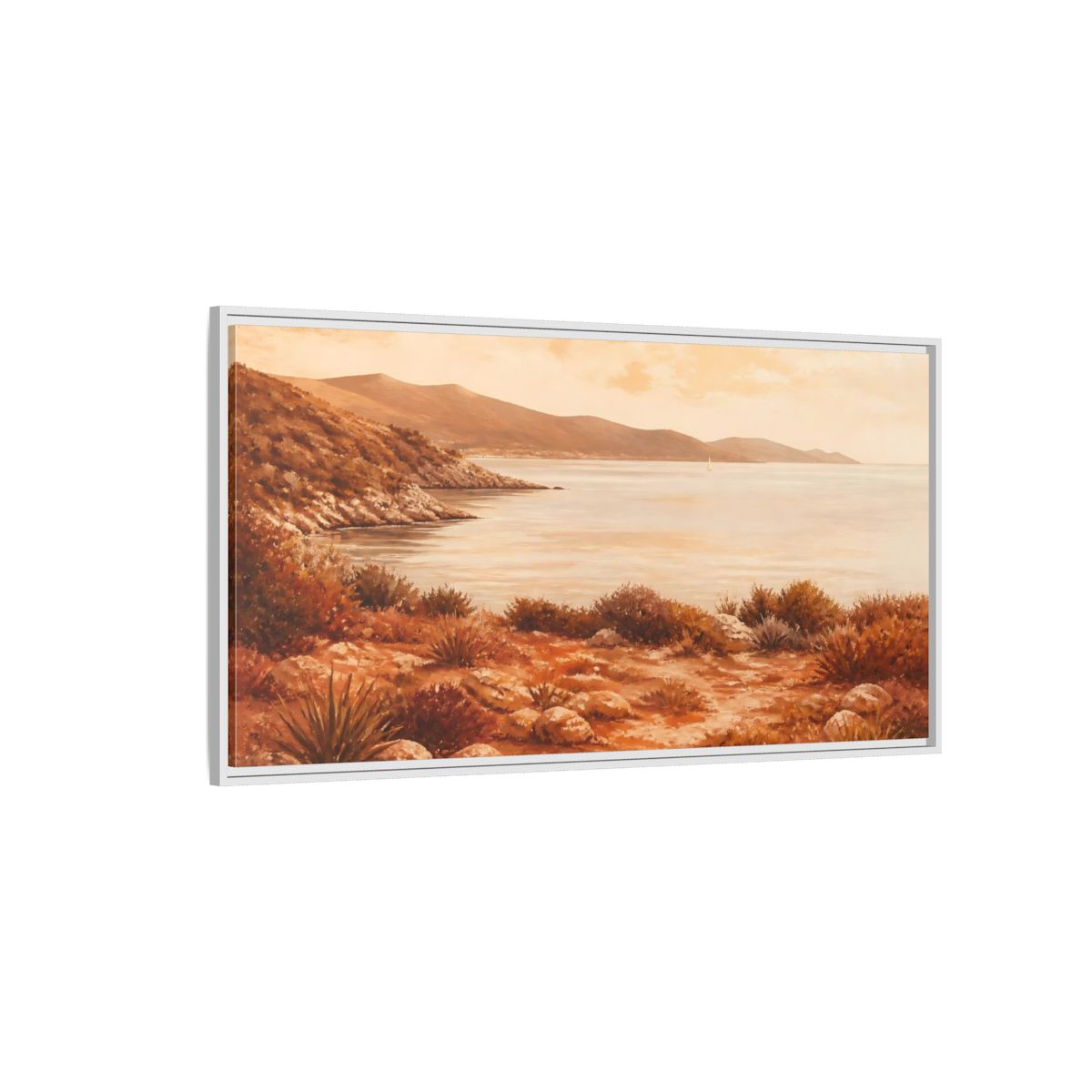 Side Mockup 3. Sunlit Rocky Coastline shown as framed canvas print