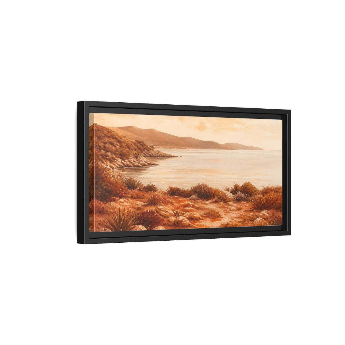 Side Mockup 8. Sunlit Rocky Coastline shown as framed canvas print