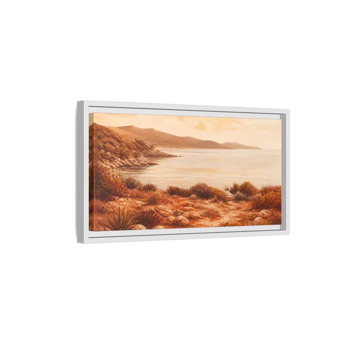 Side Mockup 6. Sunlit Rocky Coastline shown as framed canvas print