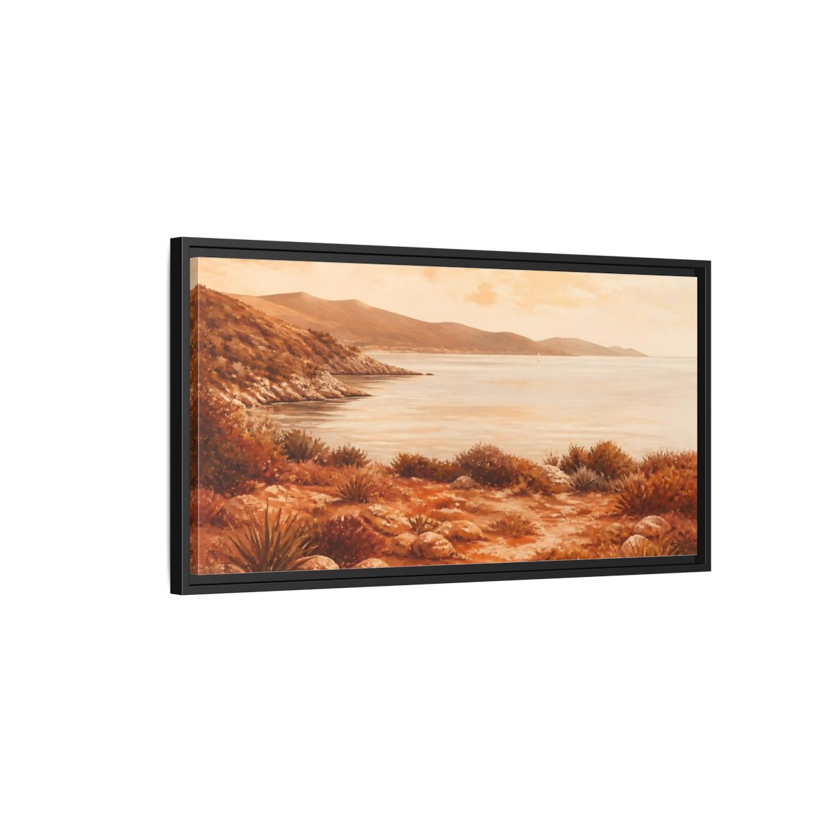 Side Mockup 2. Sunlit Rocky Coastline shown as framed canvas print