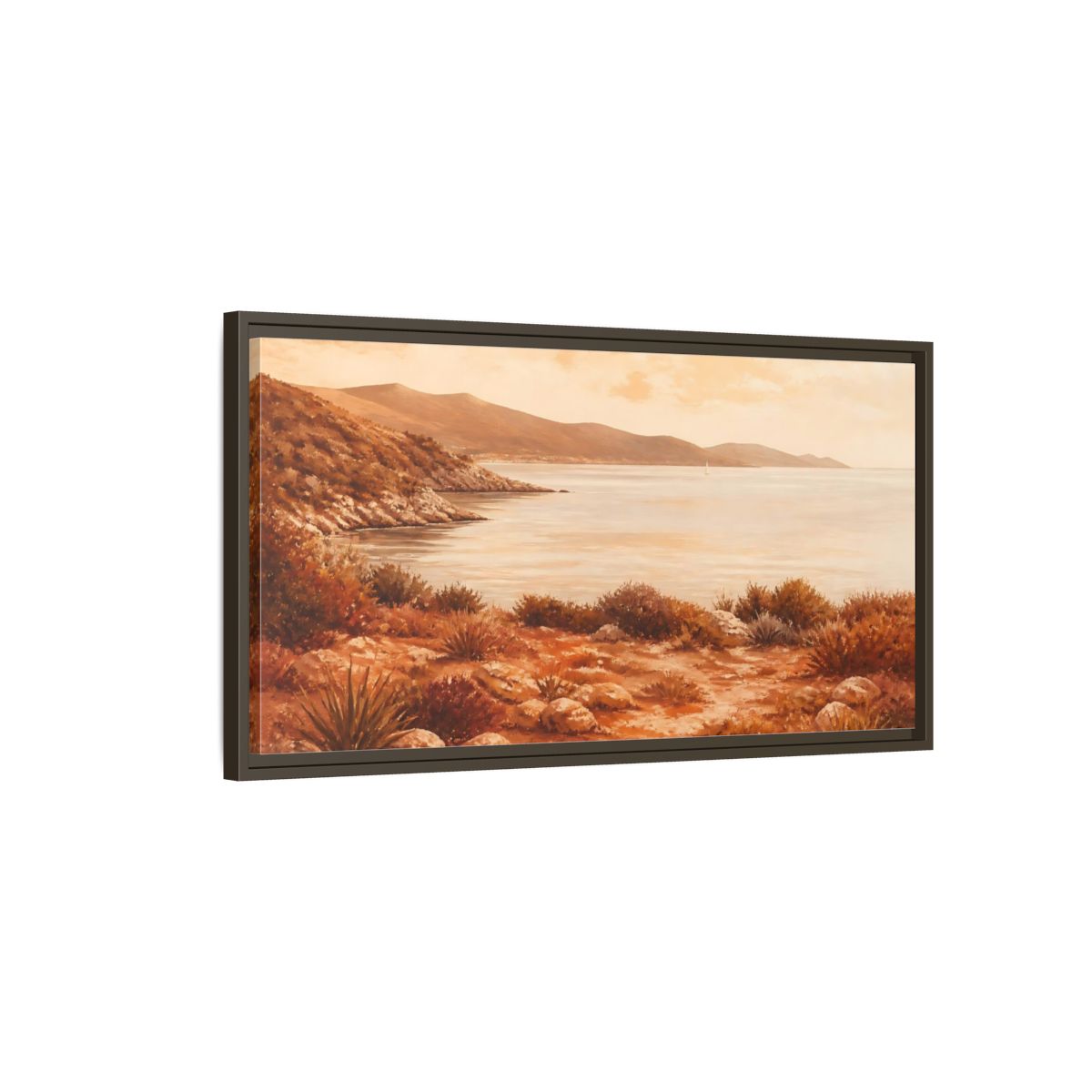 Main Mockup. Sunlit Rocky Coastline shown as framed canvas print