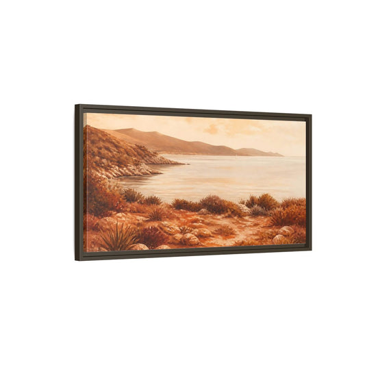 Main Mockup. Sunlit Rocky Coastline shown as framed canvas print