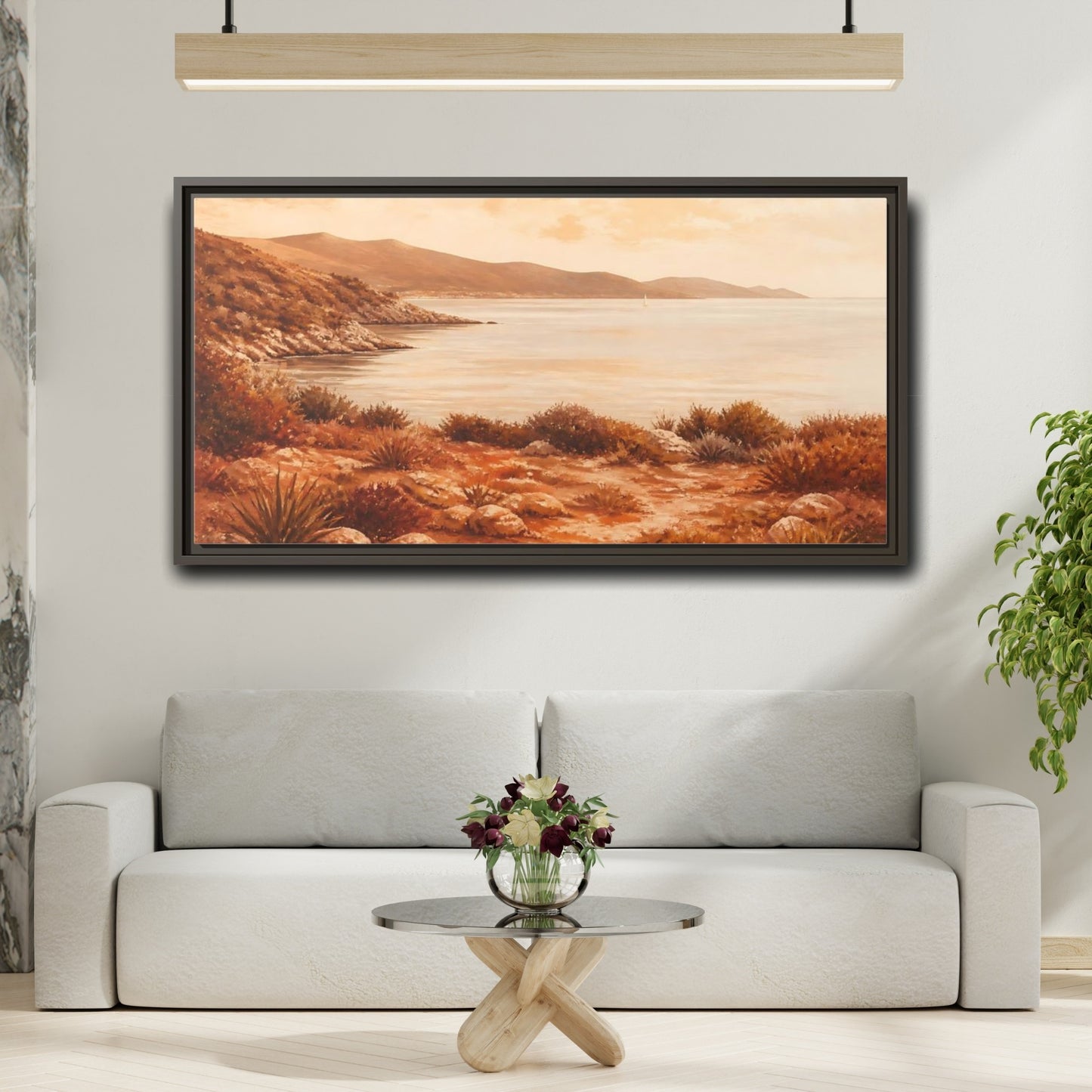 Mockup 2. Sunlit Rocky Coastline shown as framed canvas print