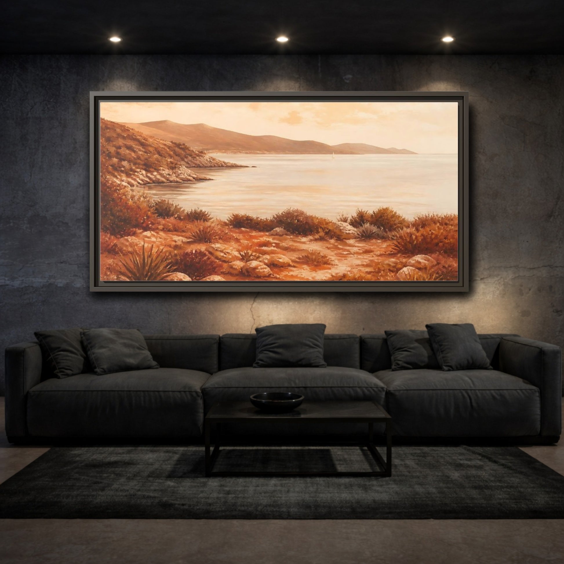 Mockup 3. Sunlit Rocky Coastline shown as framed canvas print