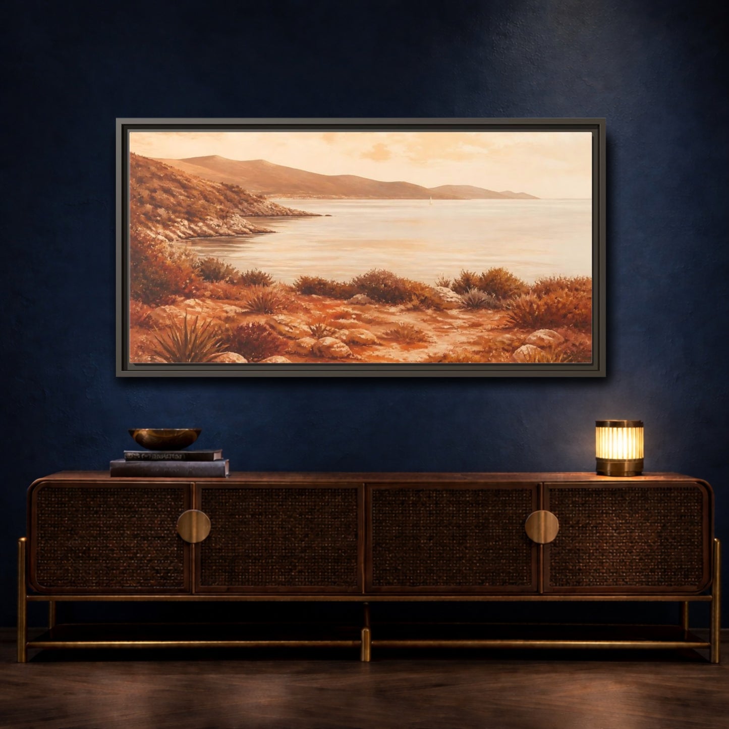 Mockup 4. Sunlit Rocky Coastline shown as framed canvas print