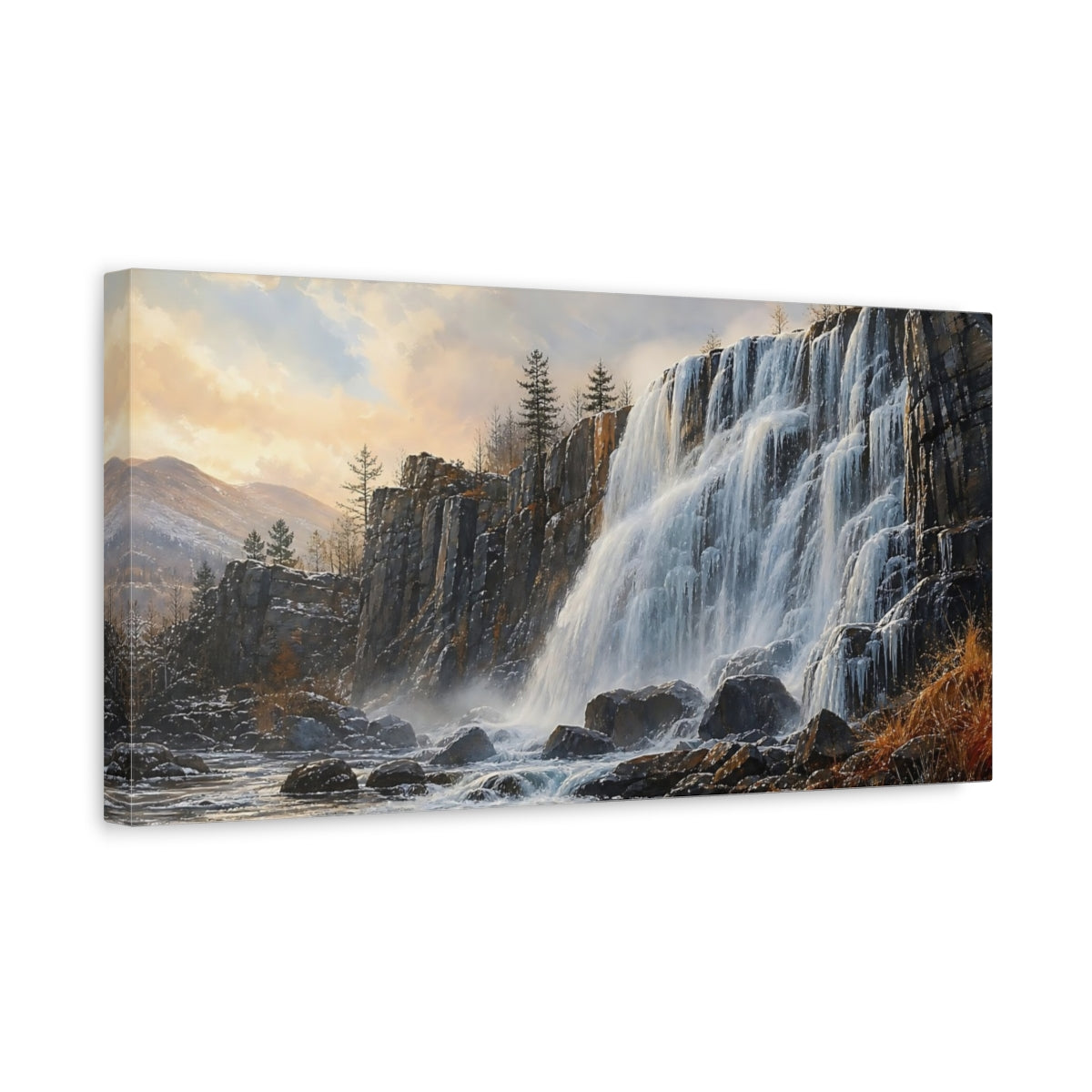 Side Mockup 3. Sunlit Rocky Waterfall shown as canvas print