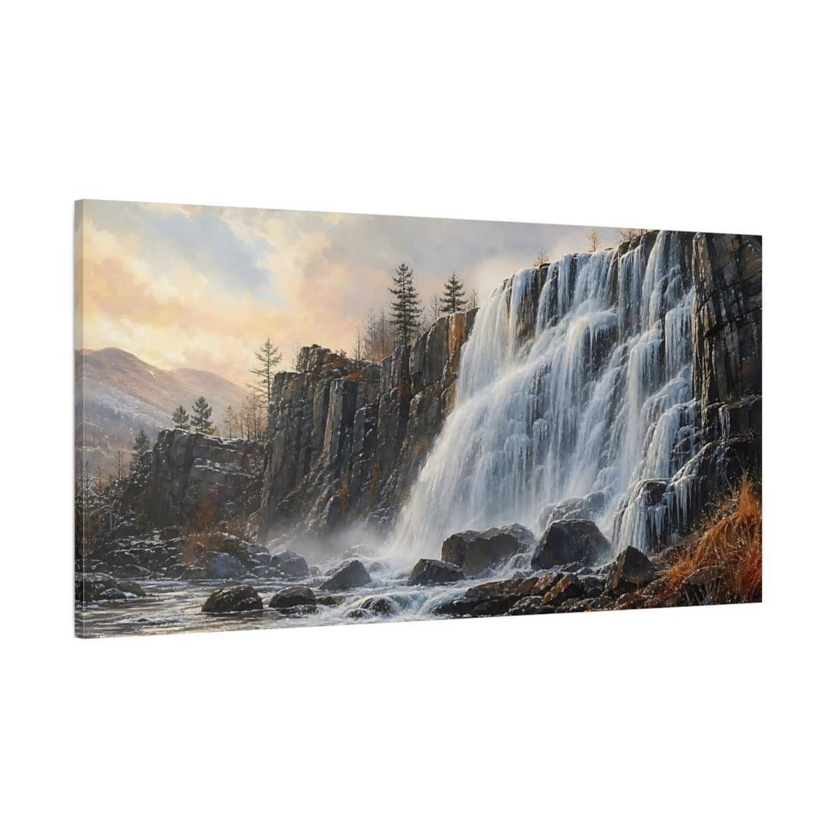 Side Mockup 2. Sunlit Rocky Waterfall shown as canvas print