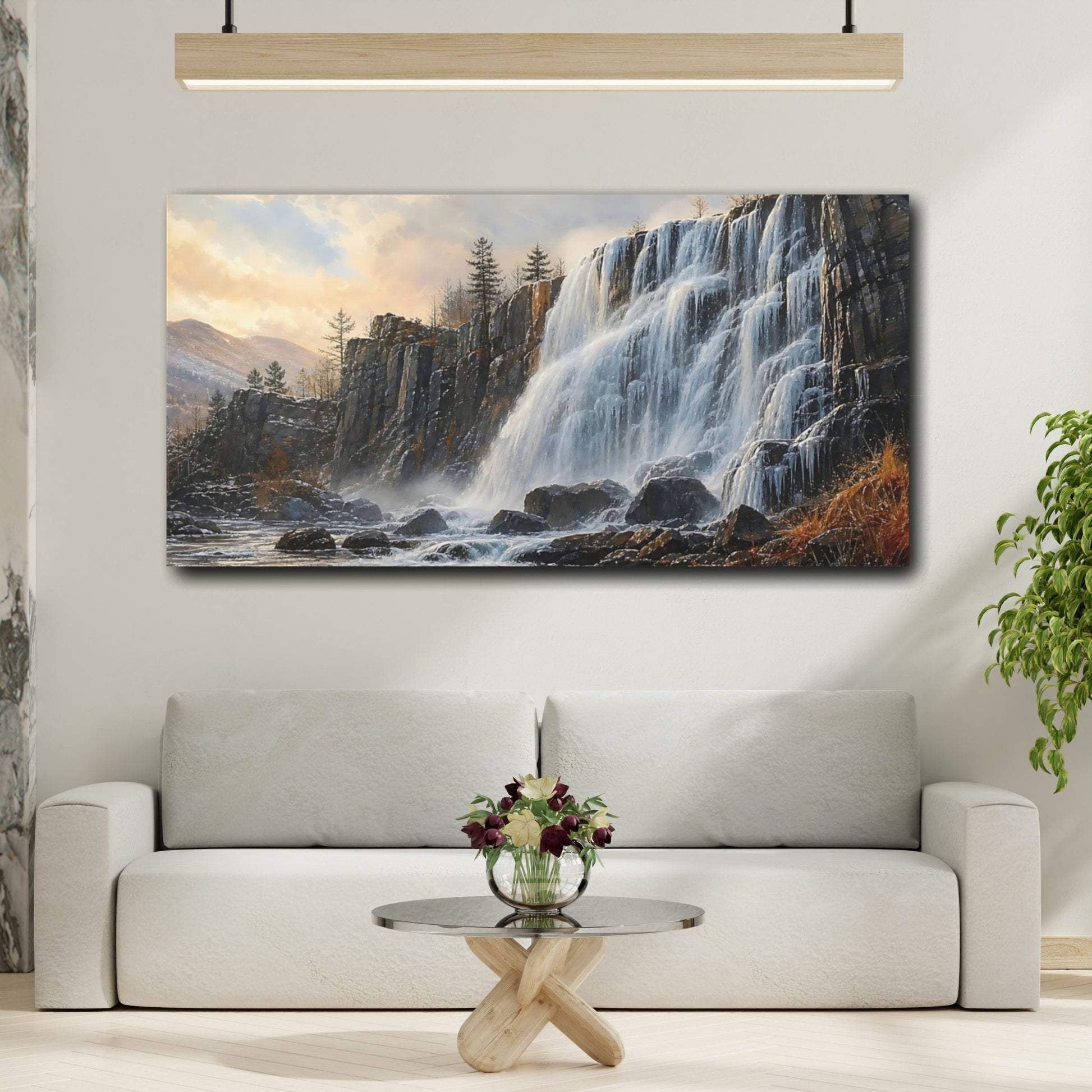 Mockup 2. Sunlit Rocky Waterfall shown as canvas print