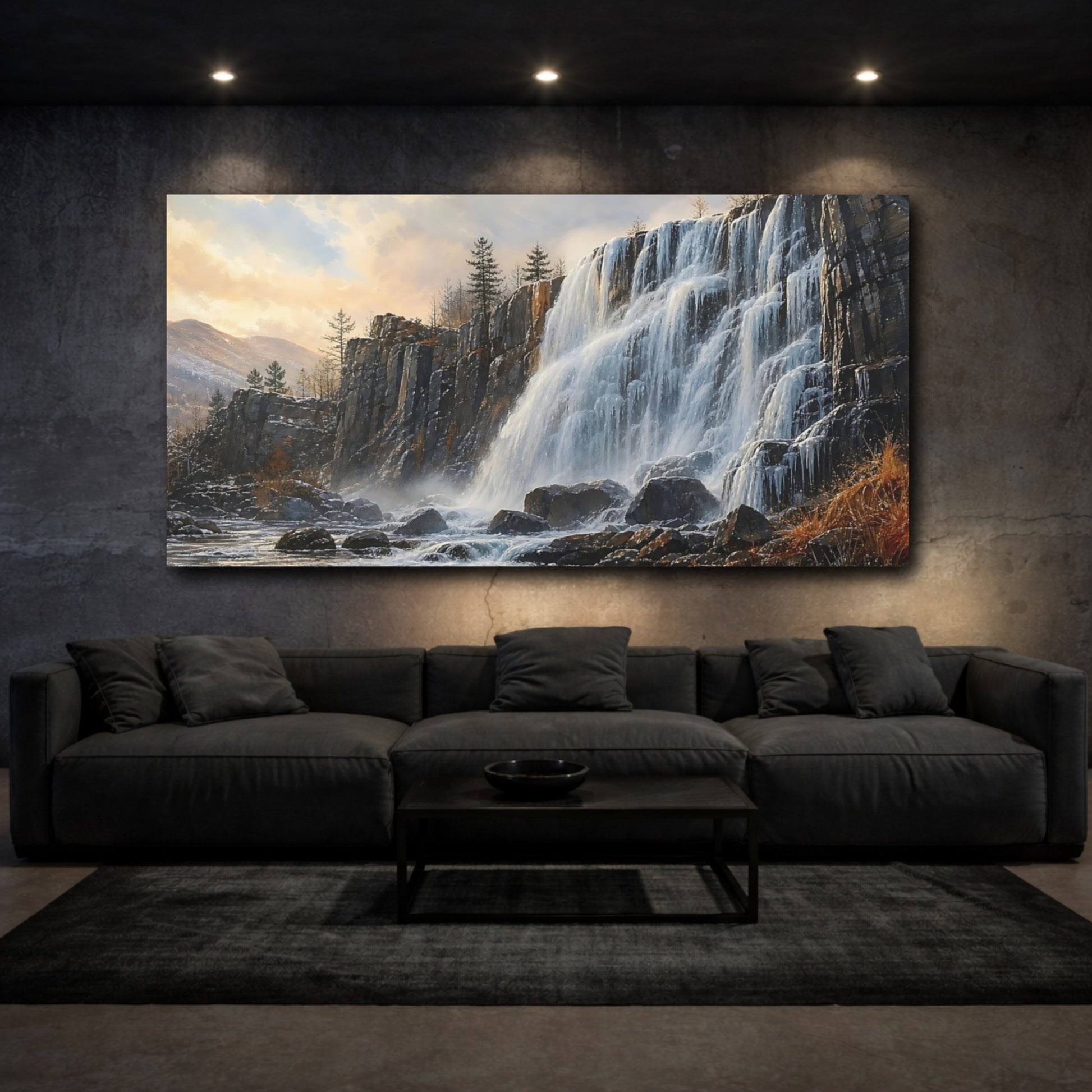 Mockup 3. Sunlit Rocky Waterfall shown as canvas print