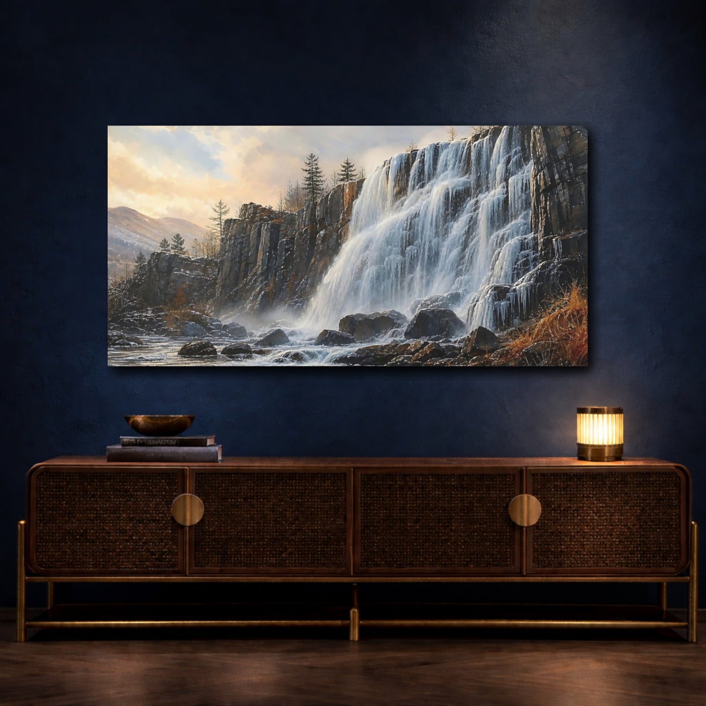 Mockup 4. Sunlit Rocky Waterfall shown as canvas print