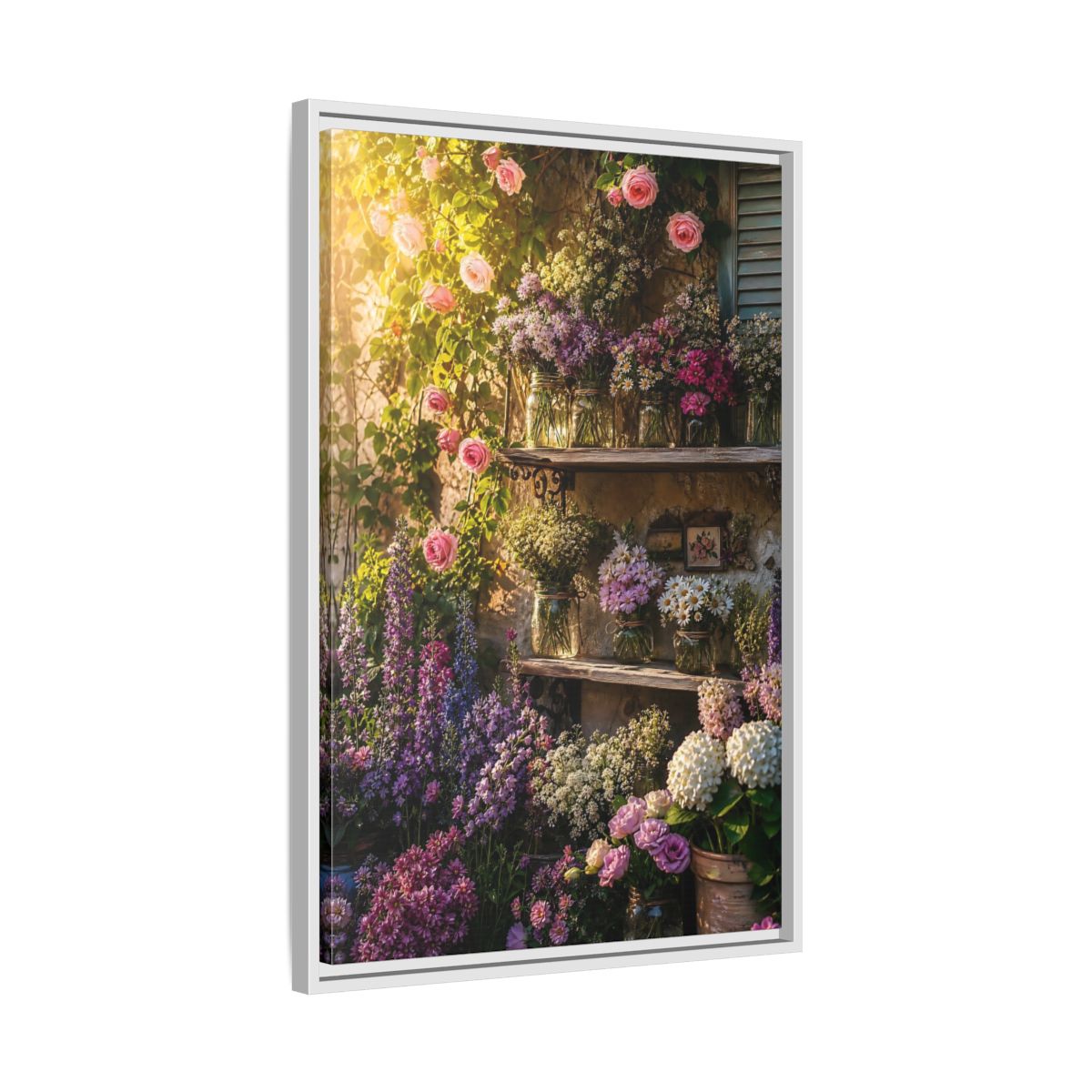 Side Mockup 10. Sunlit Rustic Flower Shelf shown as framed canvas print