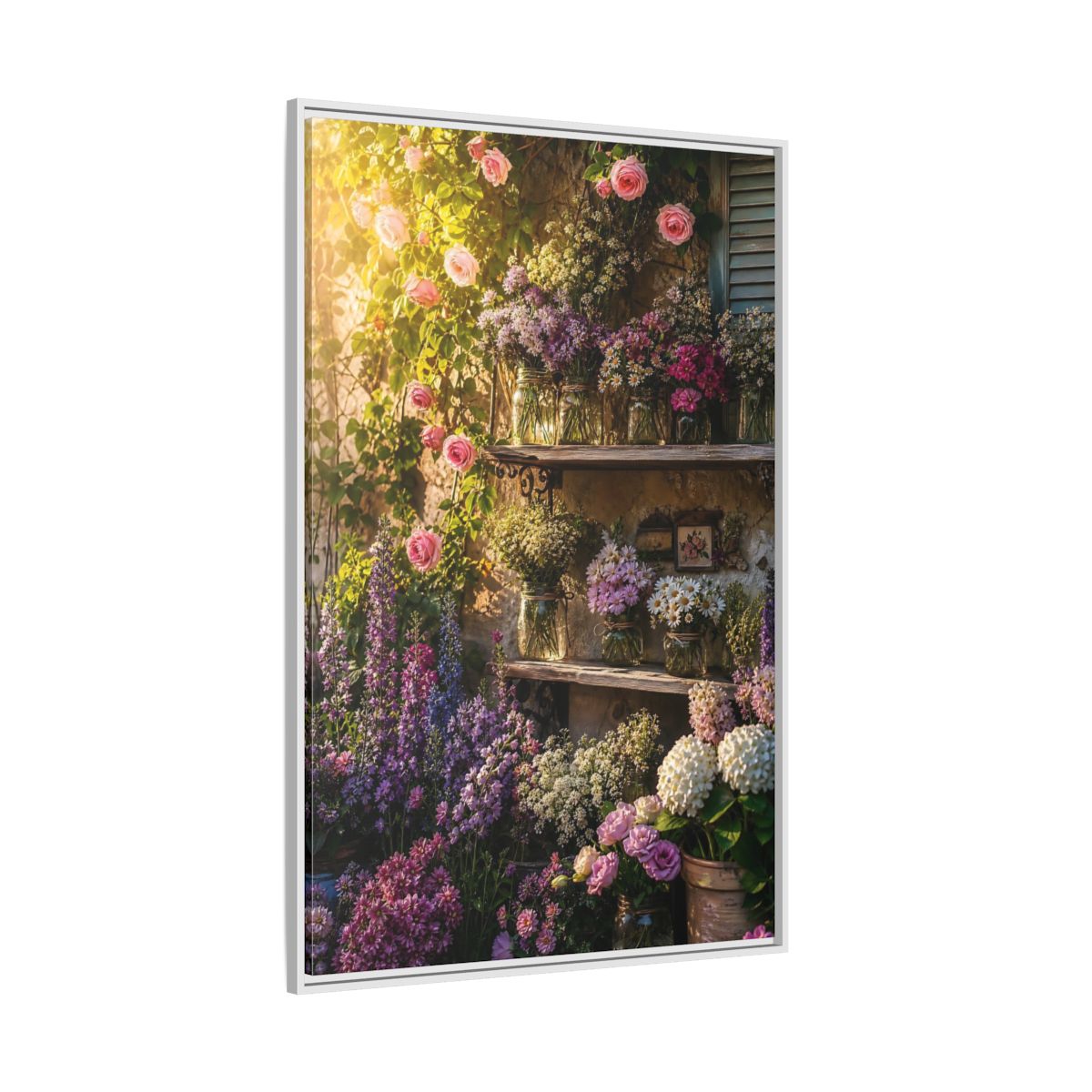 Side Mockup 7. Sunlit Rustic Flower Shelf shown as framed canvas print
