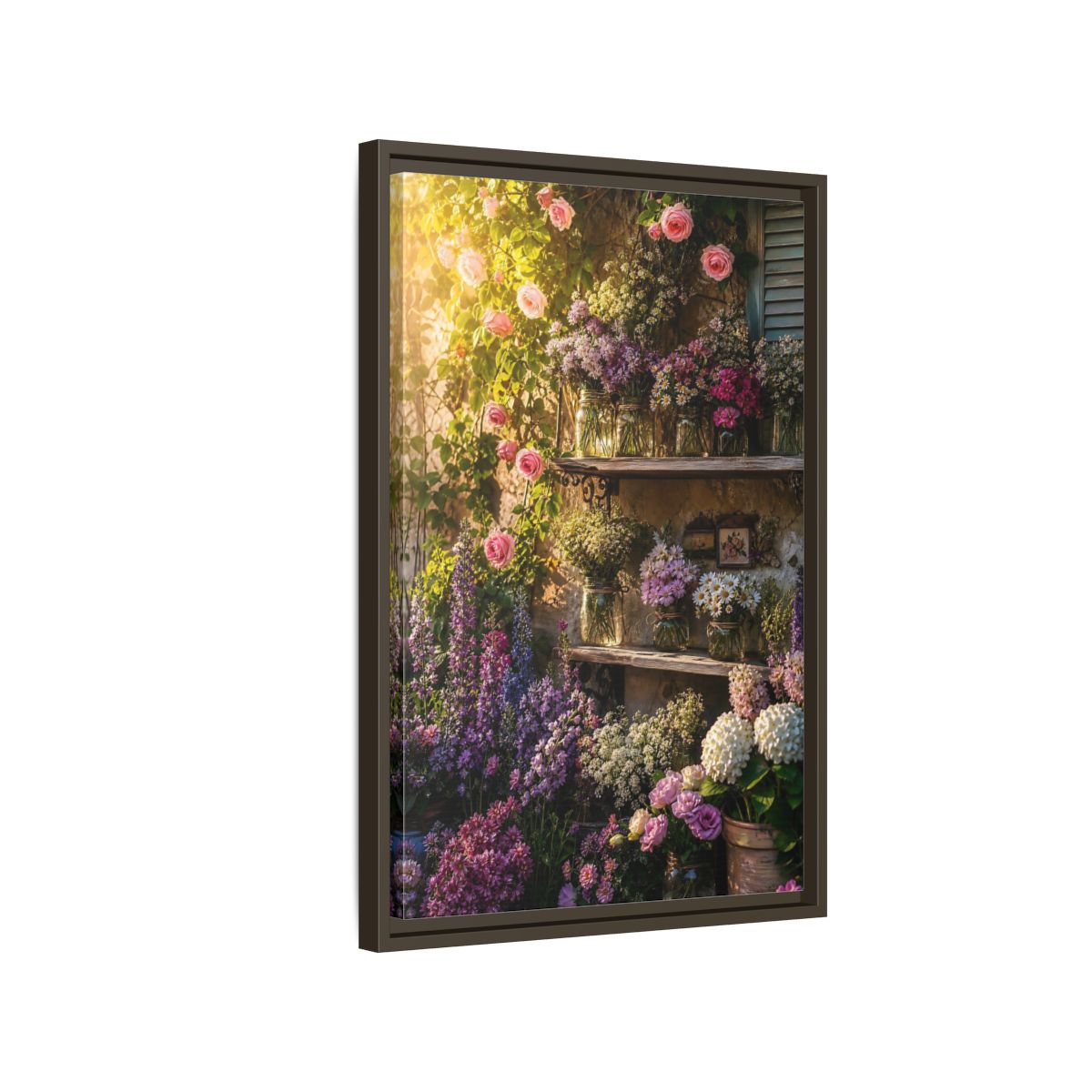 Side Mockup 2. Sunlit Rustic Flower Shelf shown as framed canvas print