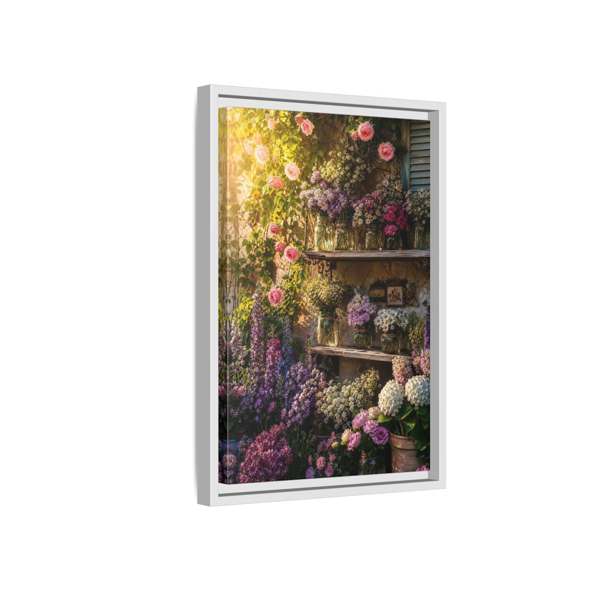 Side Mockup 4. Sunlit Rustic Flower Shelf shown as framed canvas print