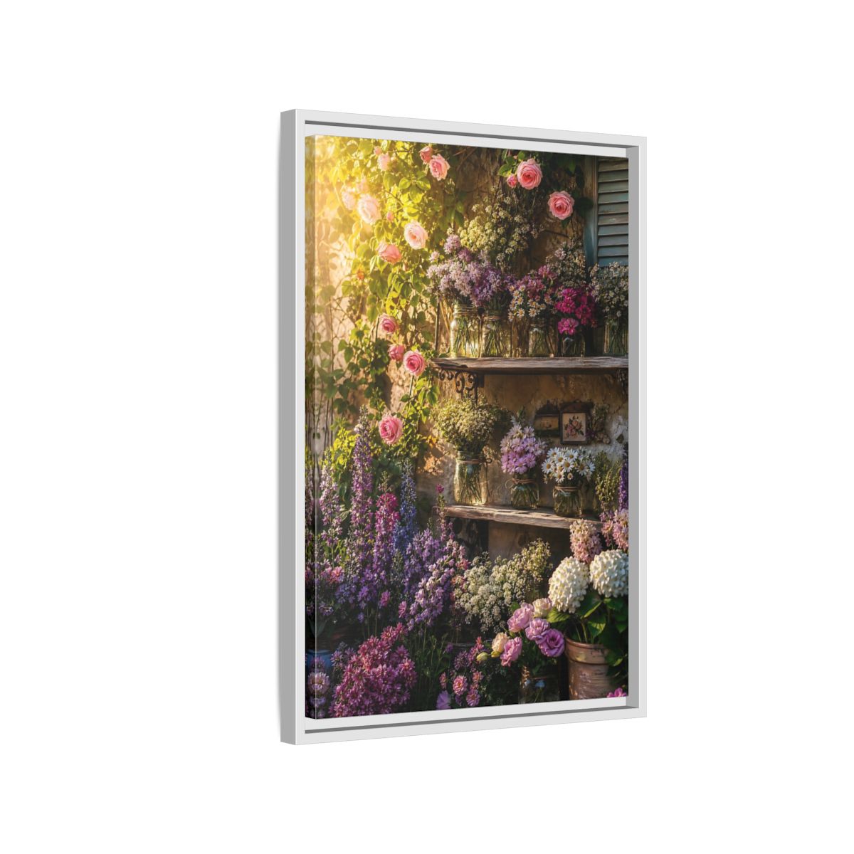 Side Mockup 1. Sunlit Rustic Flower Shelf shown as framed canvas print
