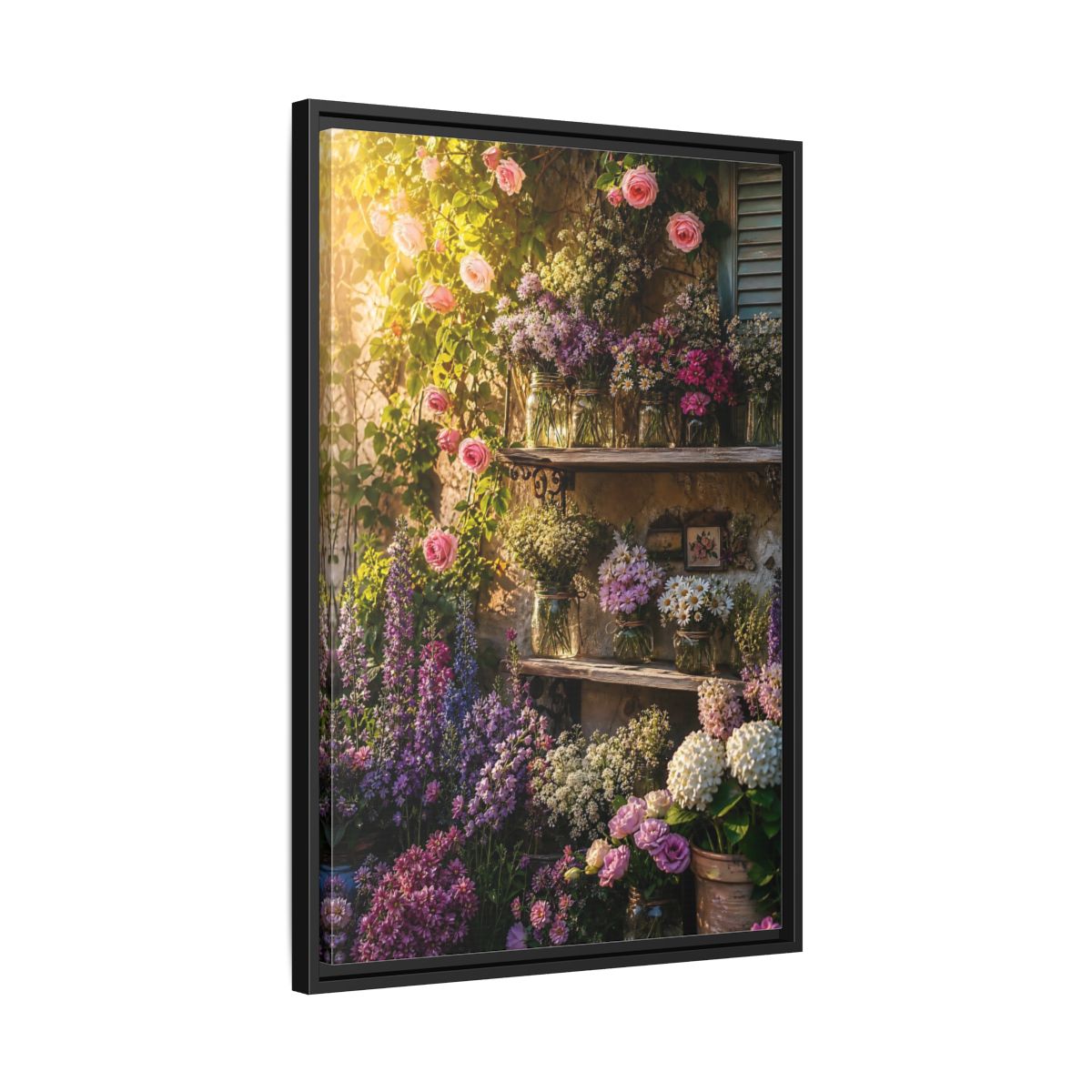 Side Mockup 14. Sunlit Rustic Flower Shelf shown as framed canvas print