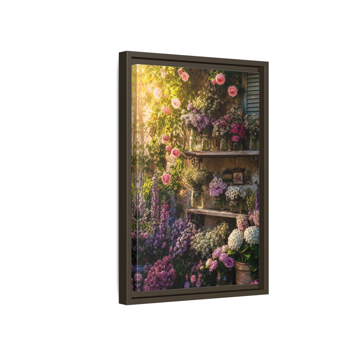 Side Mockup 5. Sunlit Rustic Flower Shelf shown as framed canvas print