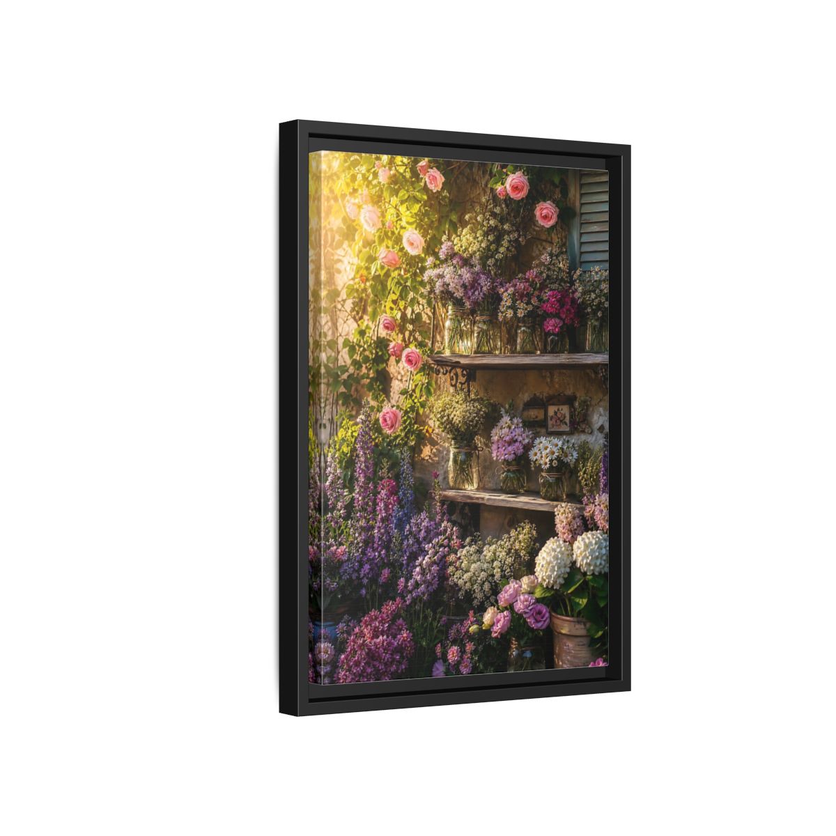 Side Mockup 6. Sunlit Rustic Flower Shelf shown as framed canvas print