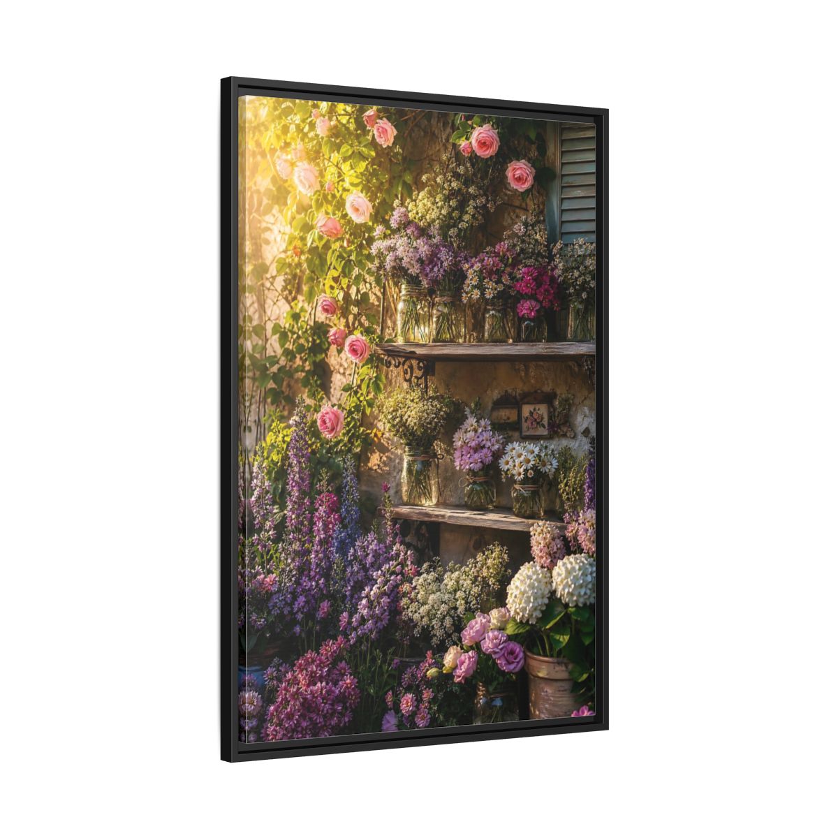 Side Mockup 13. Sunlit Rustic Flower Shelf shown as framed canvas print