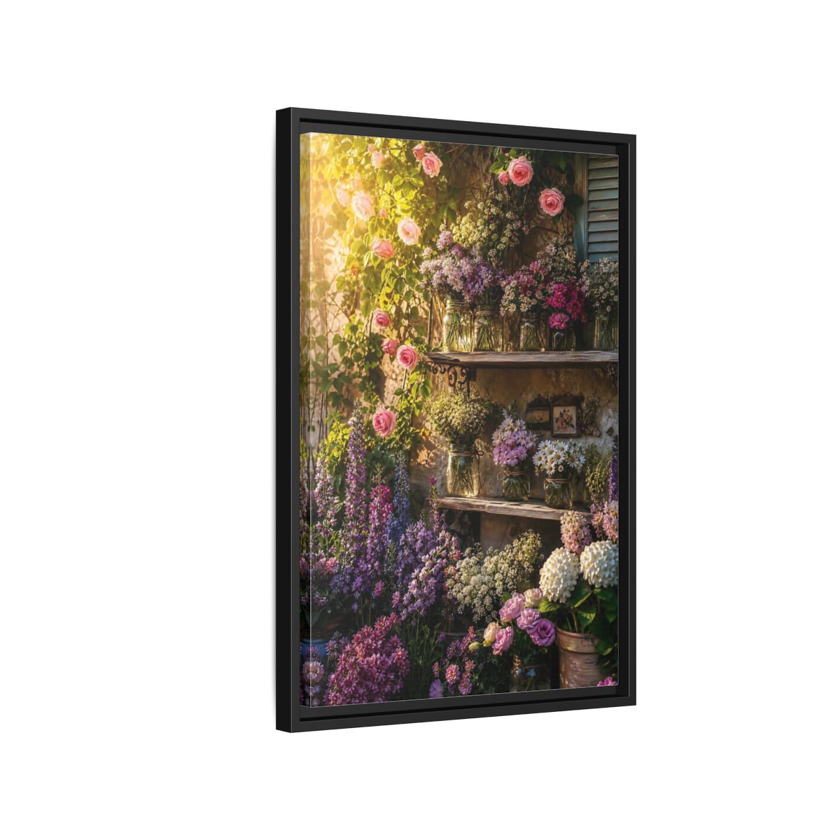 Side Mockup 3. Sunlit Rustic Flower Shelf shown as framed canvas print