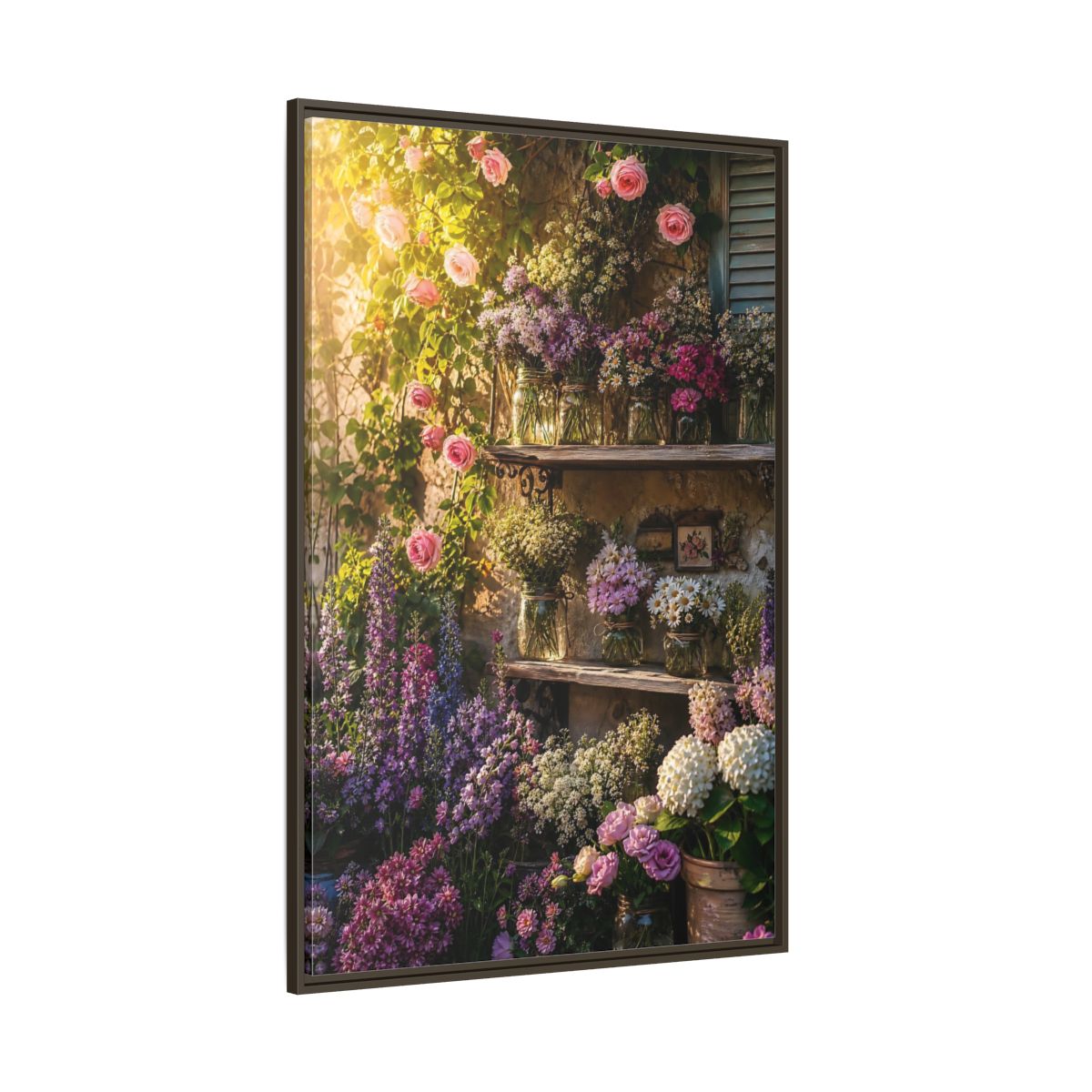 Side Mockup 8. Sunlit Rustic Flower Shelf shown as framed canvas print