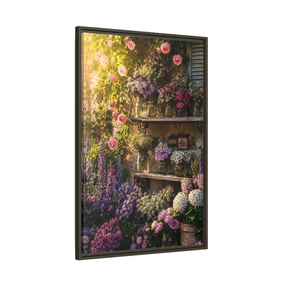 Main Mockup. Sunlit Rustic Flower Shelf shown as framed canvas print