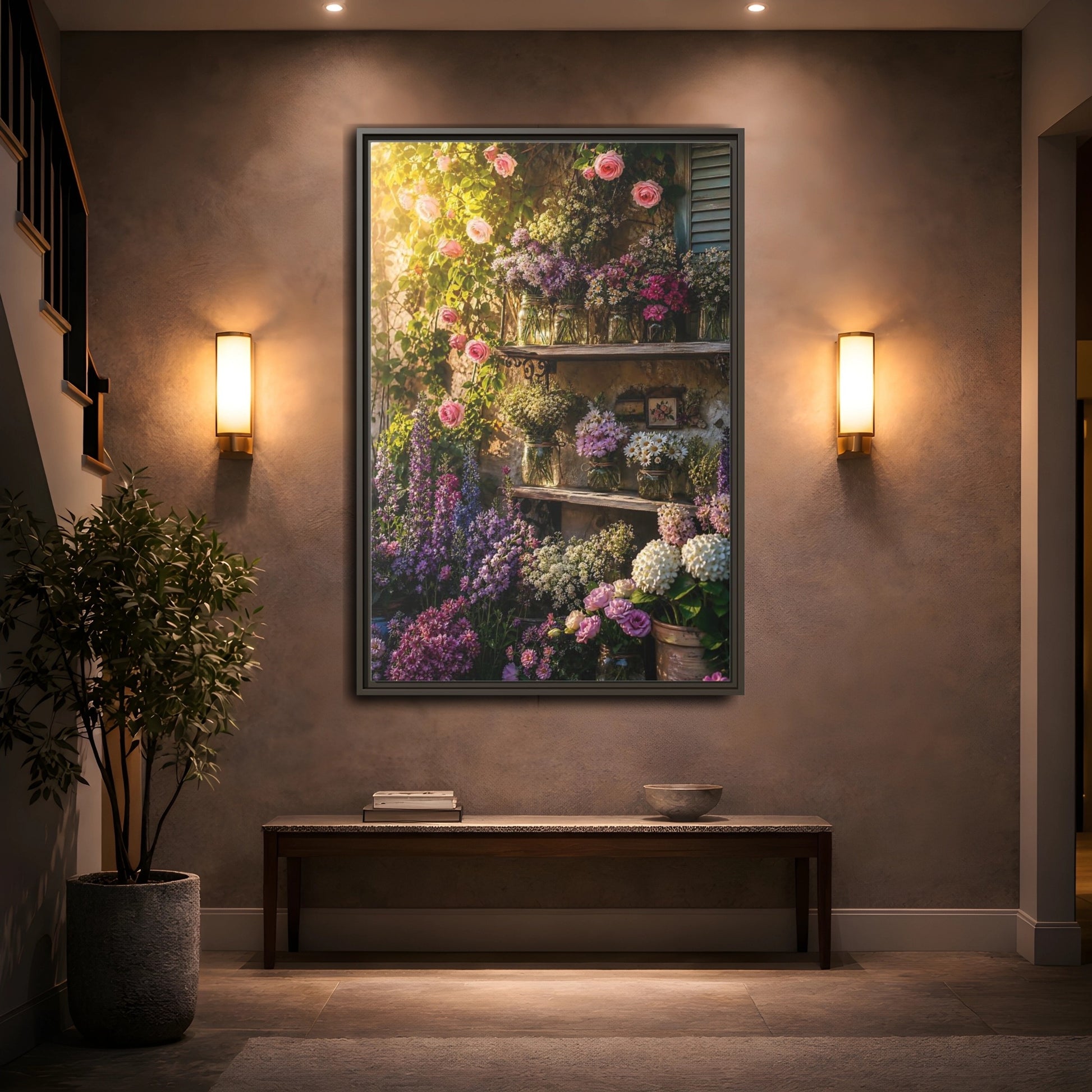 Mockup 2. Sunlit Rustic Flower Shelf shown as framed canvas print