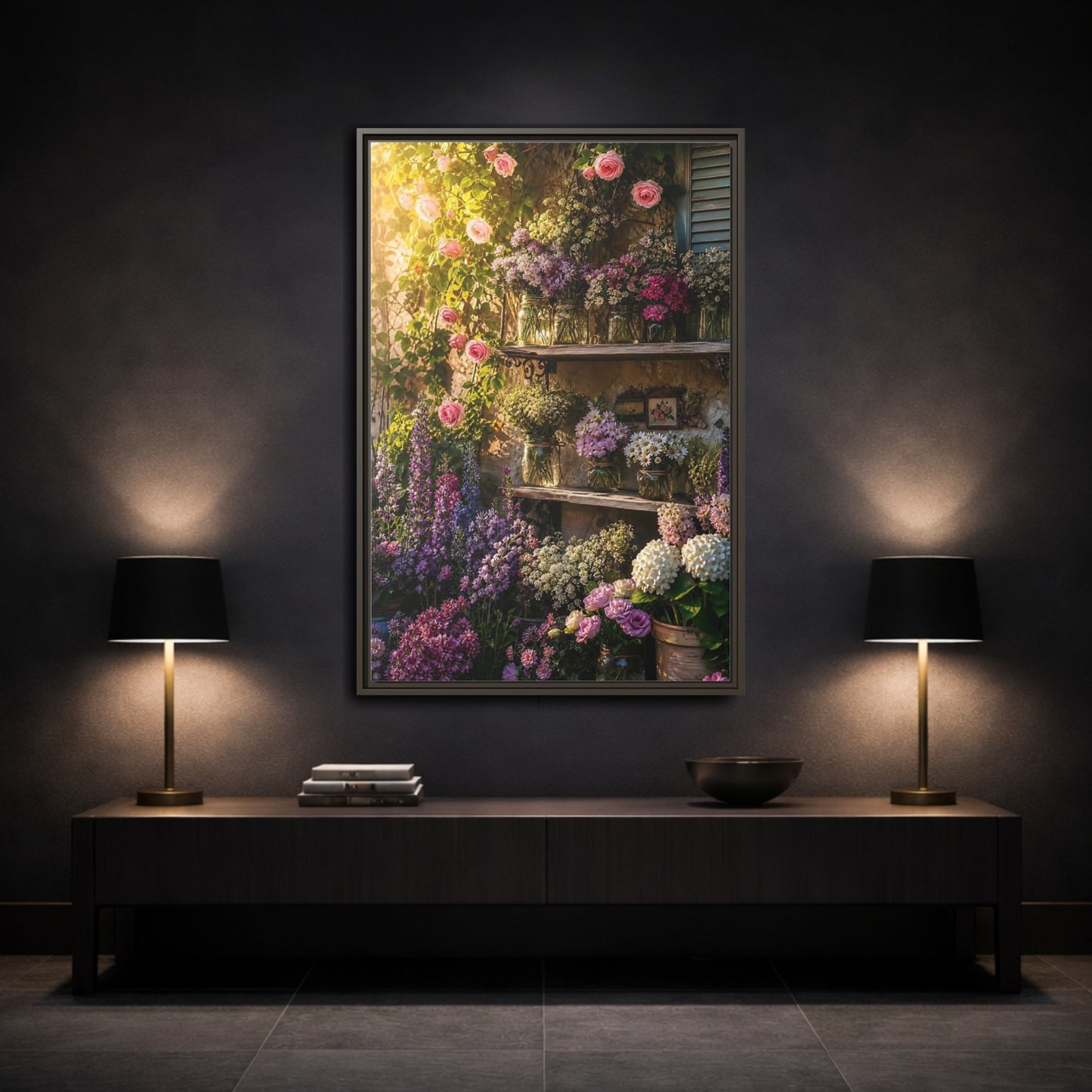 Mockup 3. Sunlit Rustic Flower Shelf shown as framed canvas print