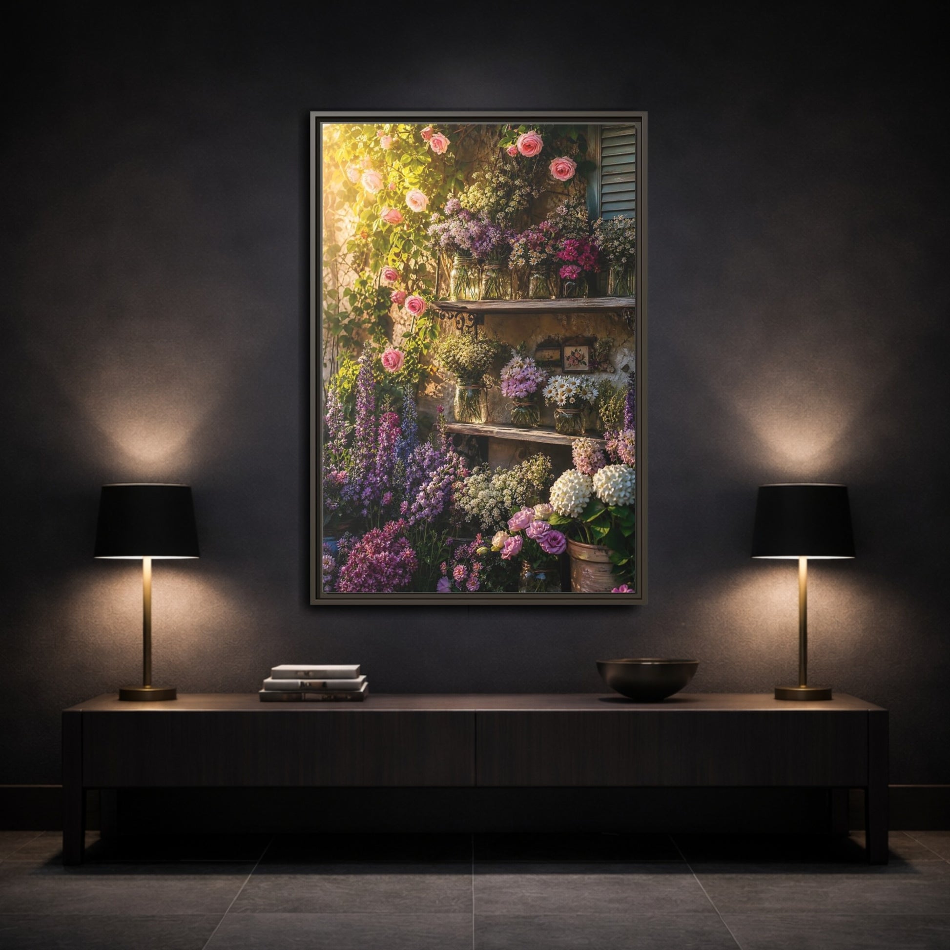 Mockup 3. Sunlit Rustic Flower Shelf shown as framed canvas print