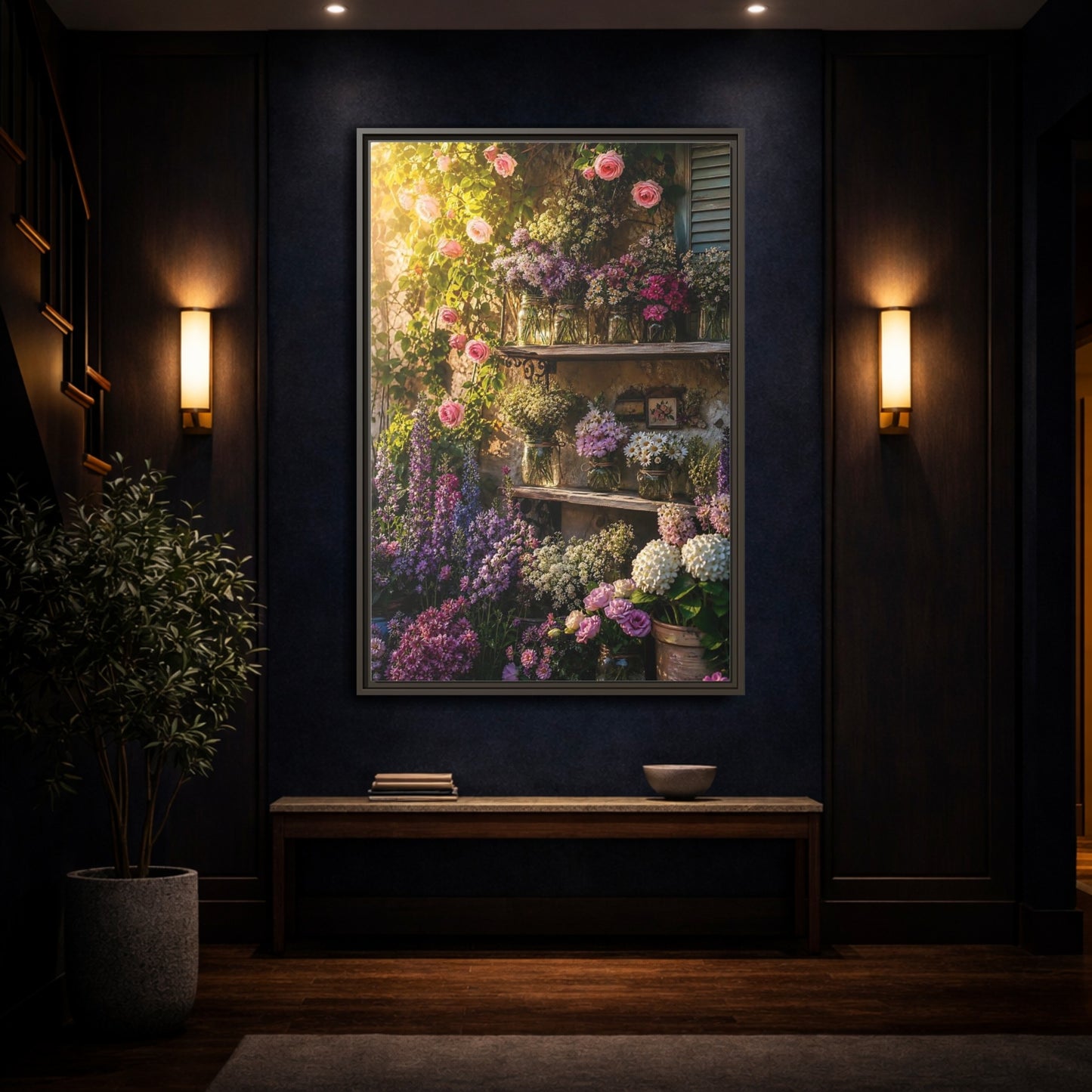 Mockup 4. Sunlit Rustic Flower Shelf shown as framed canvas print