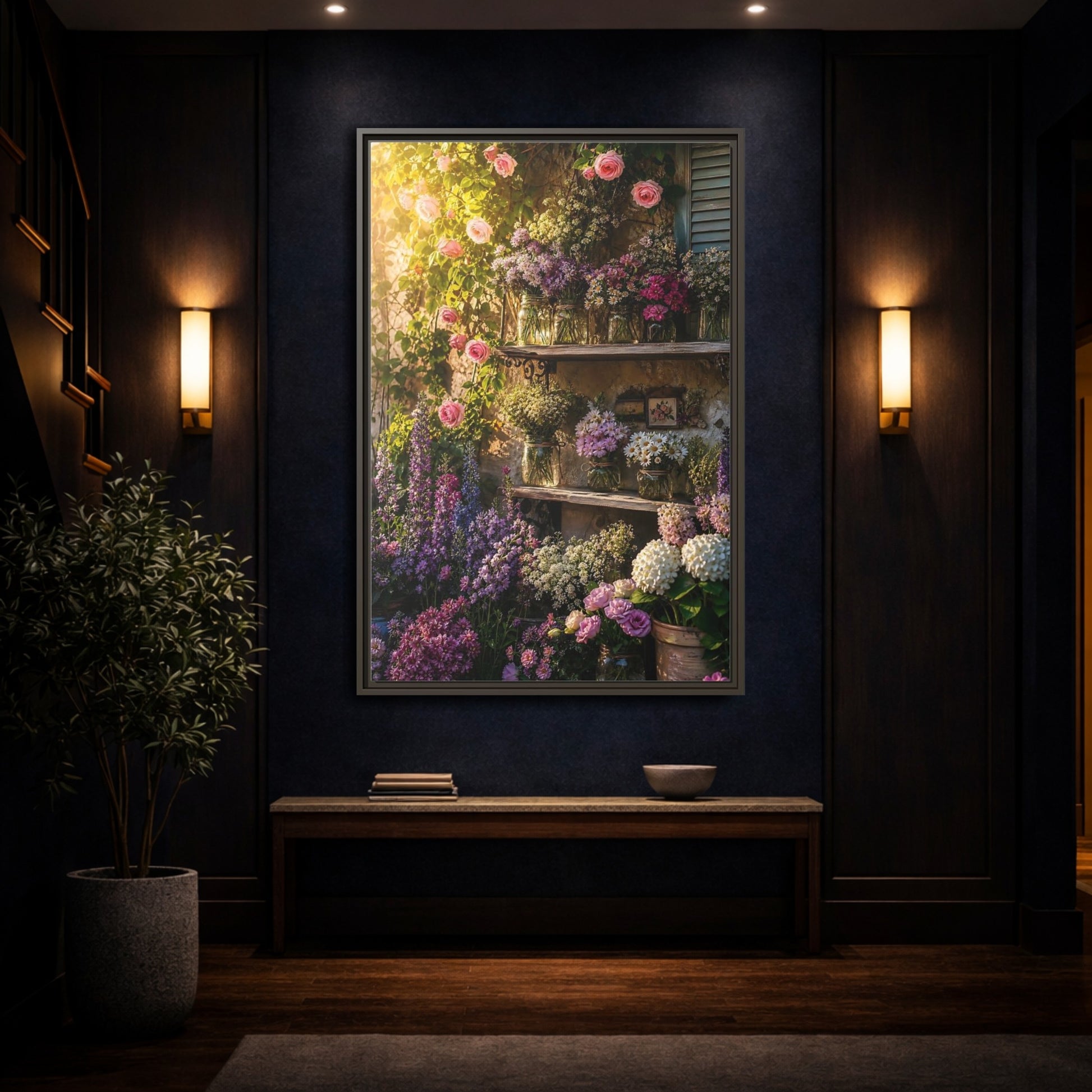Mockup 4. Sunlit Rustic Flower Shelf shown as framed canvas print